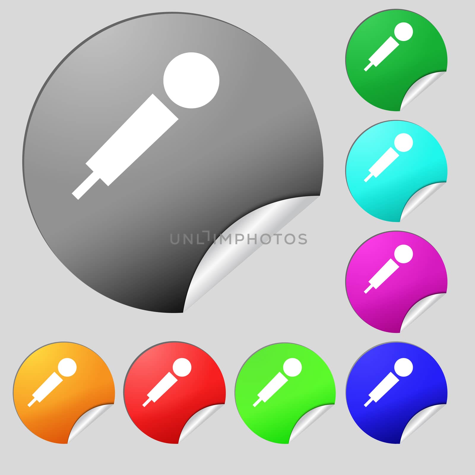 microphone icon sign. Set of eight multi colored round buttons, stickers. illustration