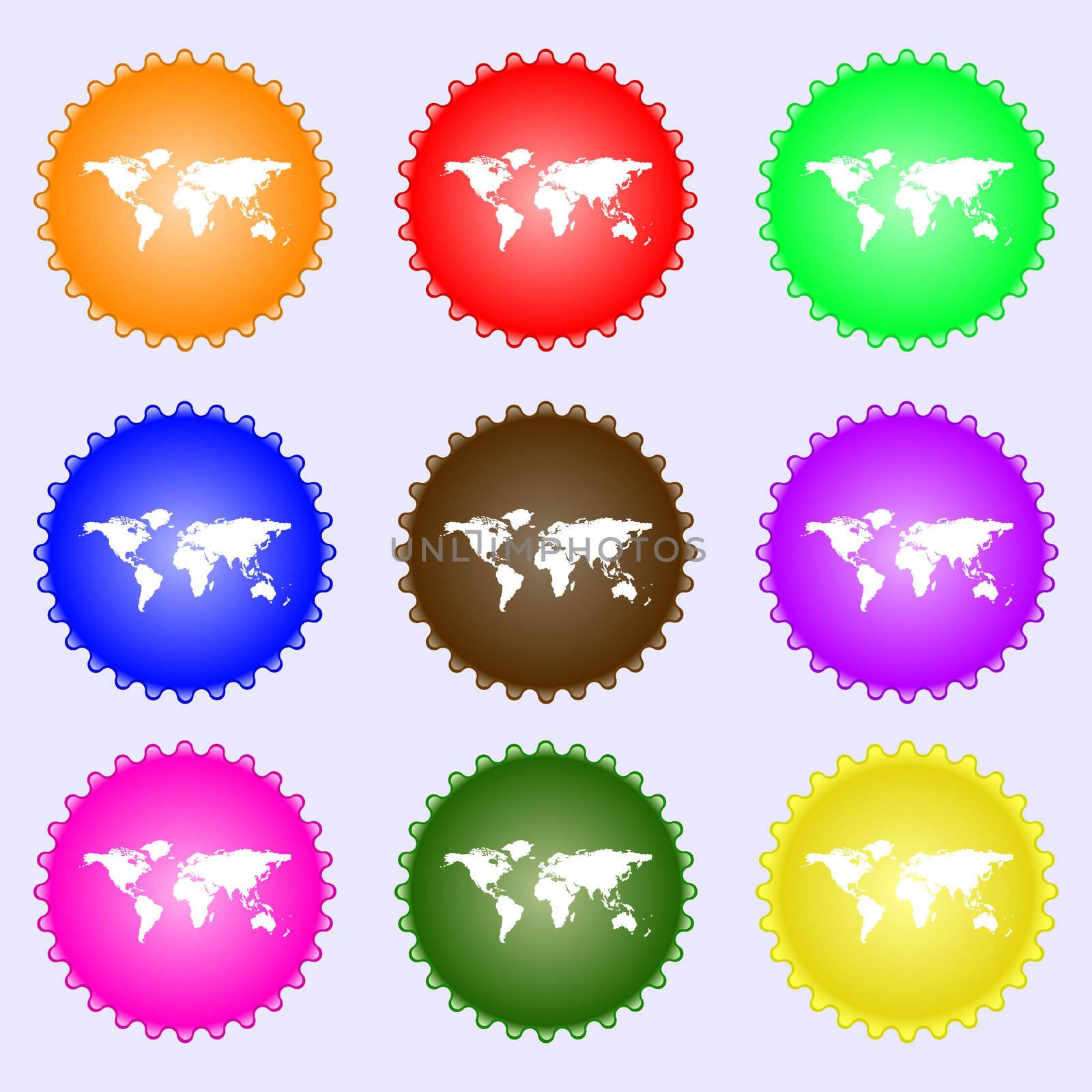 Globe sign icon. World map geography symbol. A set of nine different colored labels. illustration