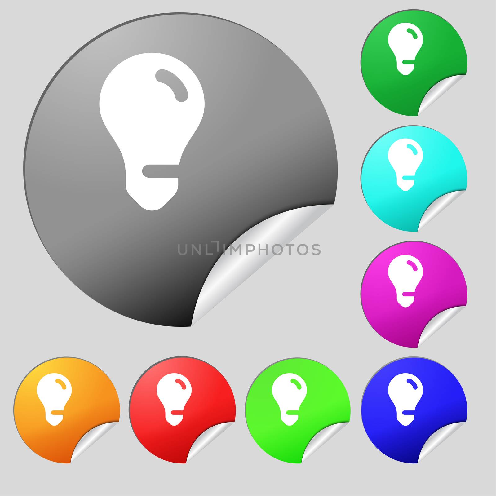 light bulb, idea icon sign. Set of eight multi colored round buttons, stickers. illustration