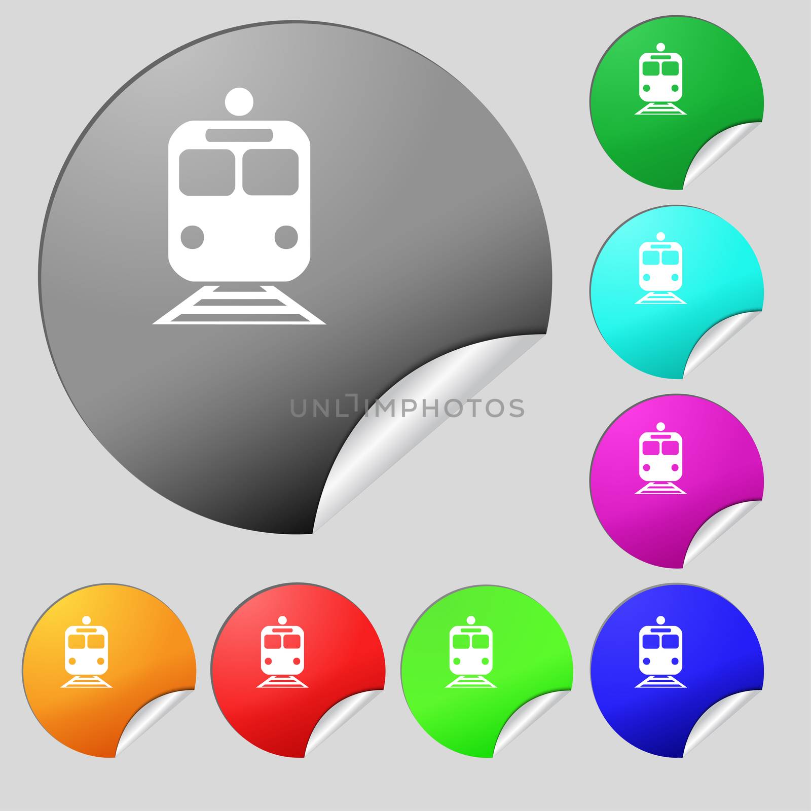 train icon sign. Set of eight multi colored round buttons, stickers.  by serhii_lohvyniuk