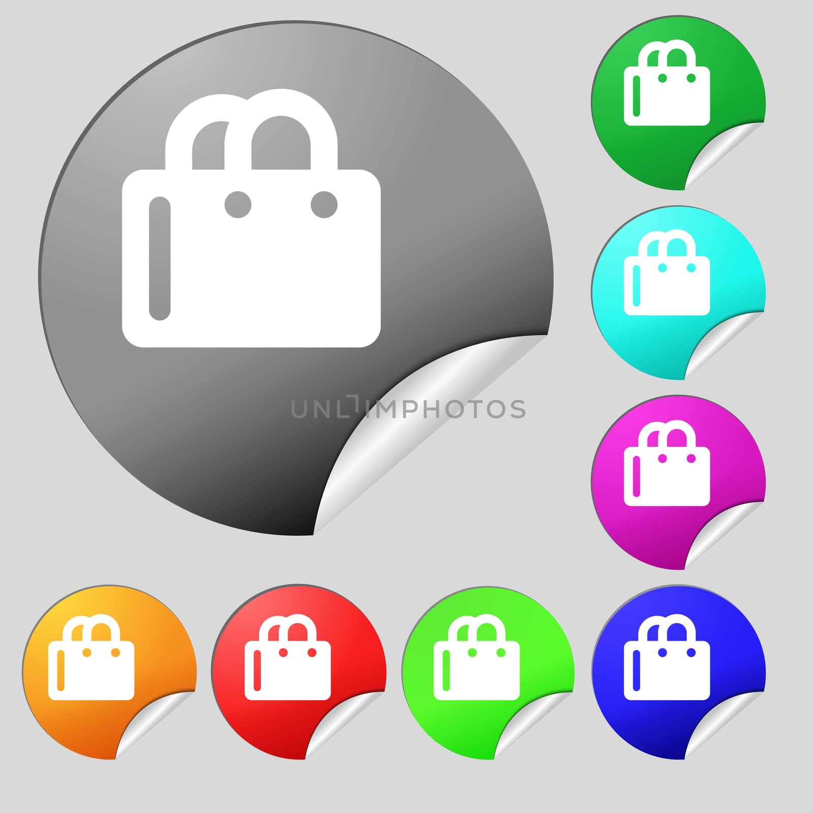 shopping bag icon sign. Set of eight multi colored round buttons, stickers.  by serhii_lohvyniuk