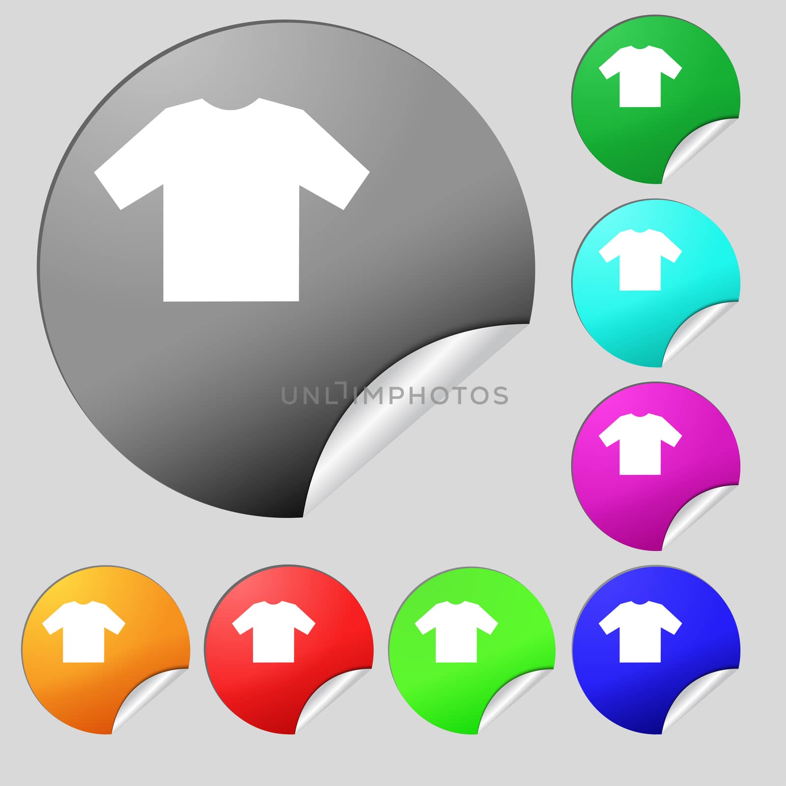 t-shirt icon sign. Set of eight multi colored round buttons, stickers. illustration