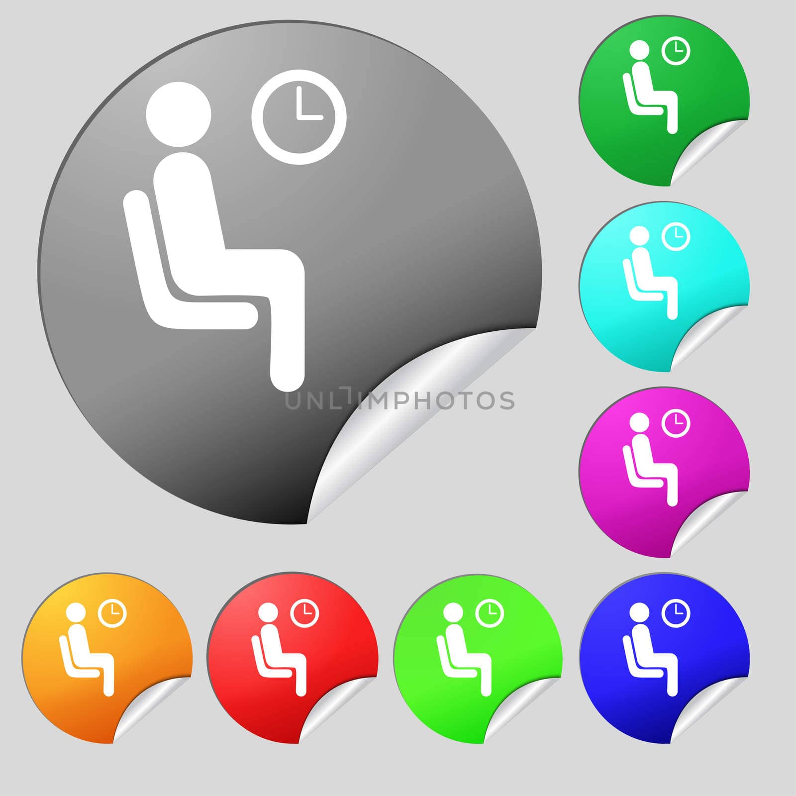 waiting icon sign. Set of eight multi colored round buttons, stickers. illustration