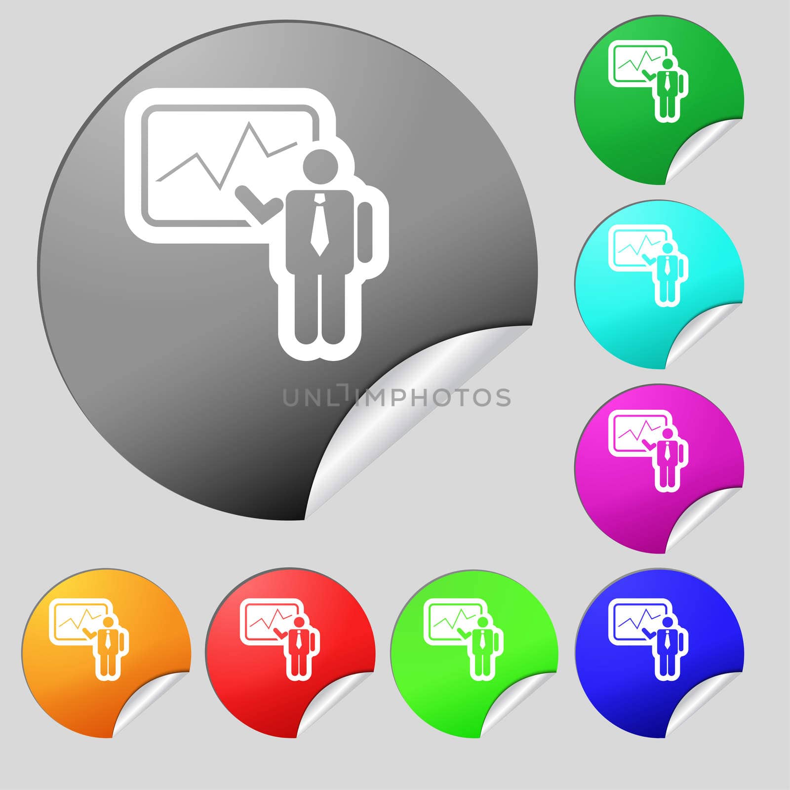 businessman making report icon sign. Set of eight multi colored round buttons, stickers.  by serhii_lohvyniuk