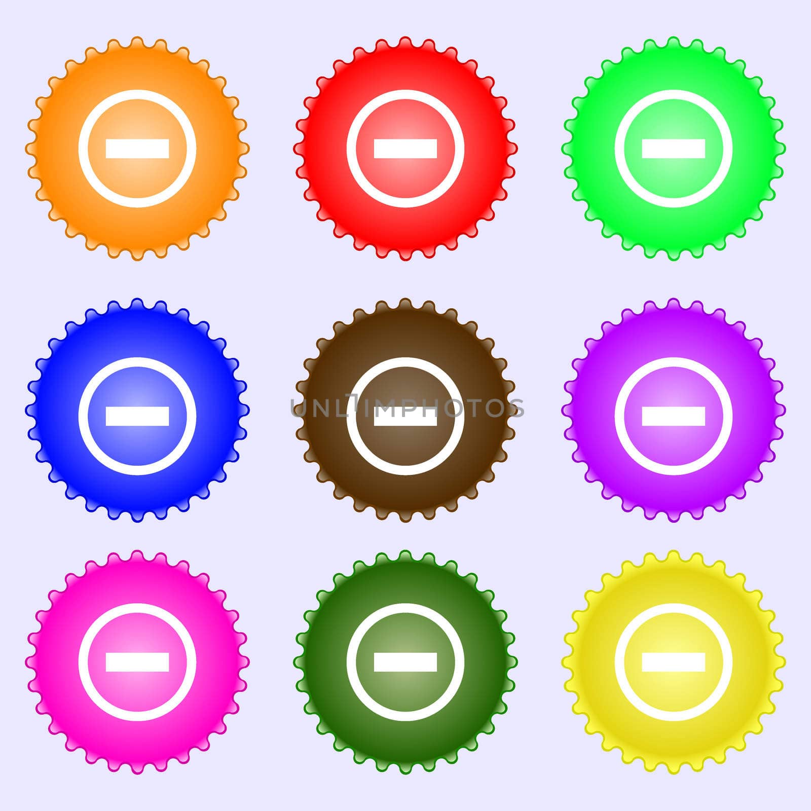 Minus sign icon. Negative symbol. Zoom out. A set of nine different colored labels. illustration