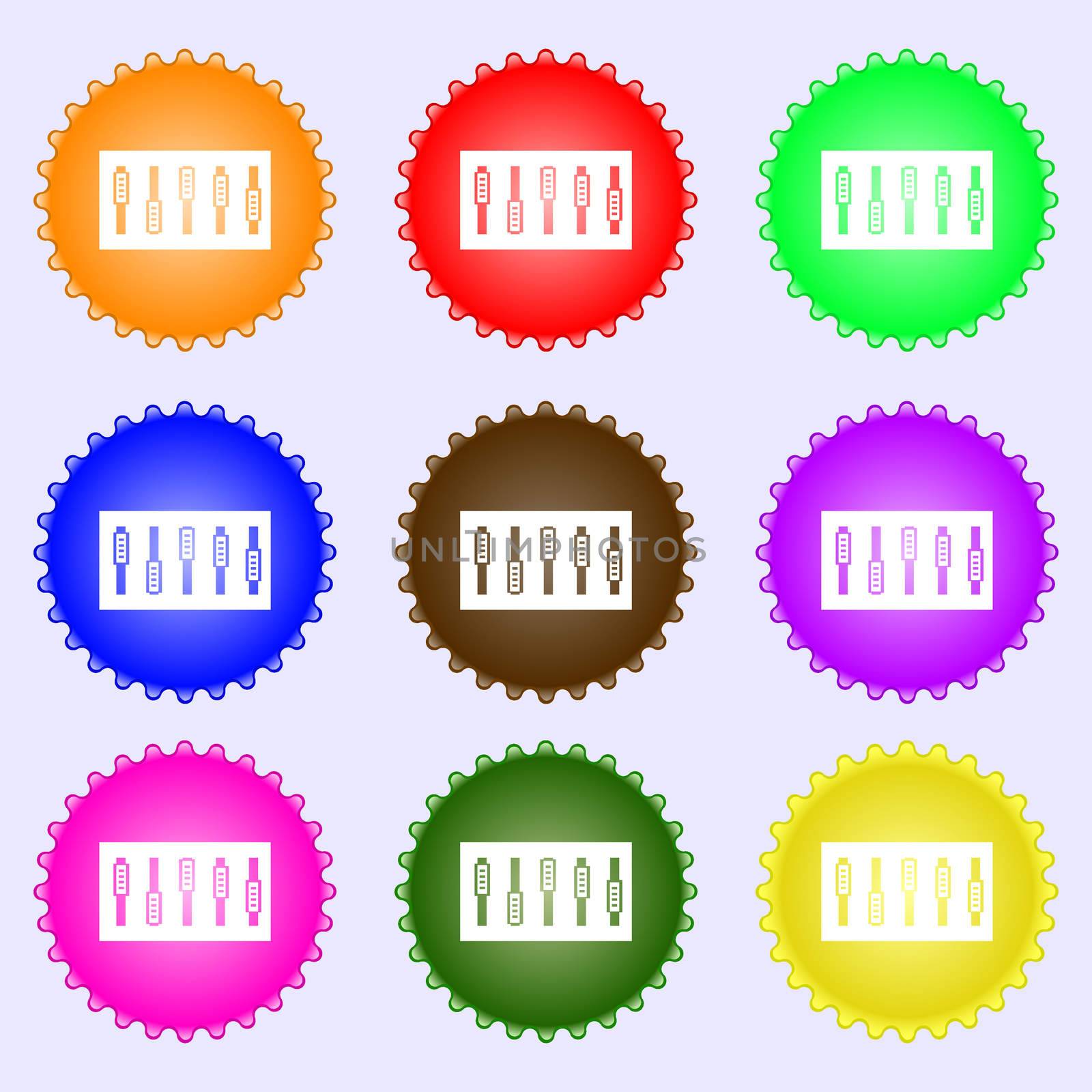 Dj console mix handles and buttons icon symbol. A set of nine different colored labels. illustration