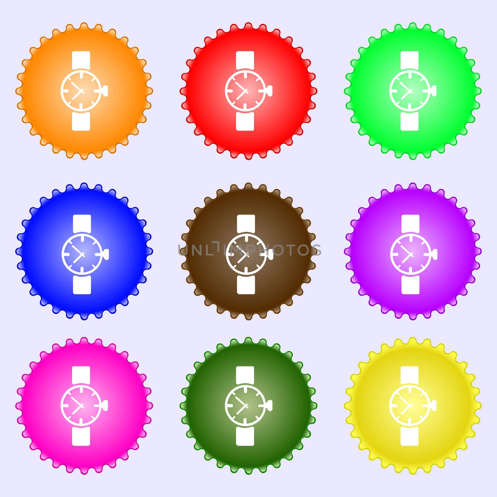 watches icon symbol . A set of nine different colored labels. illustration