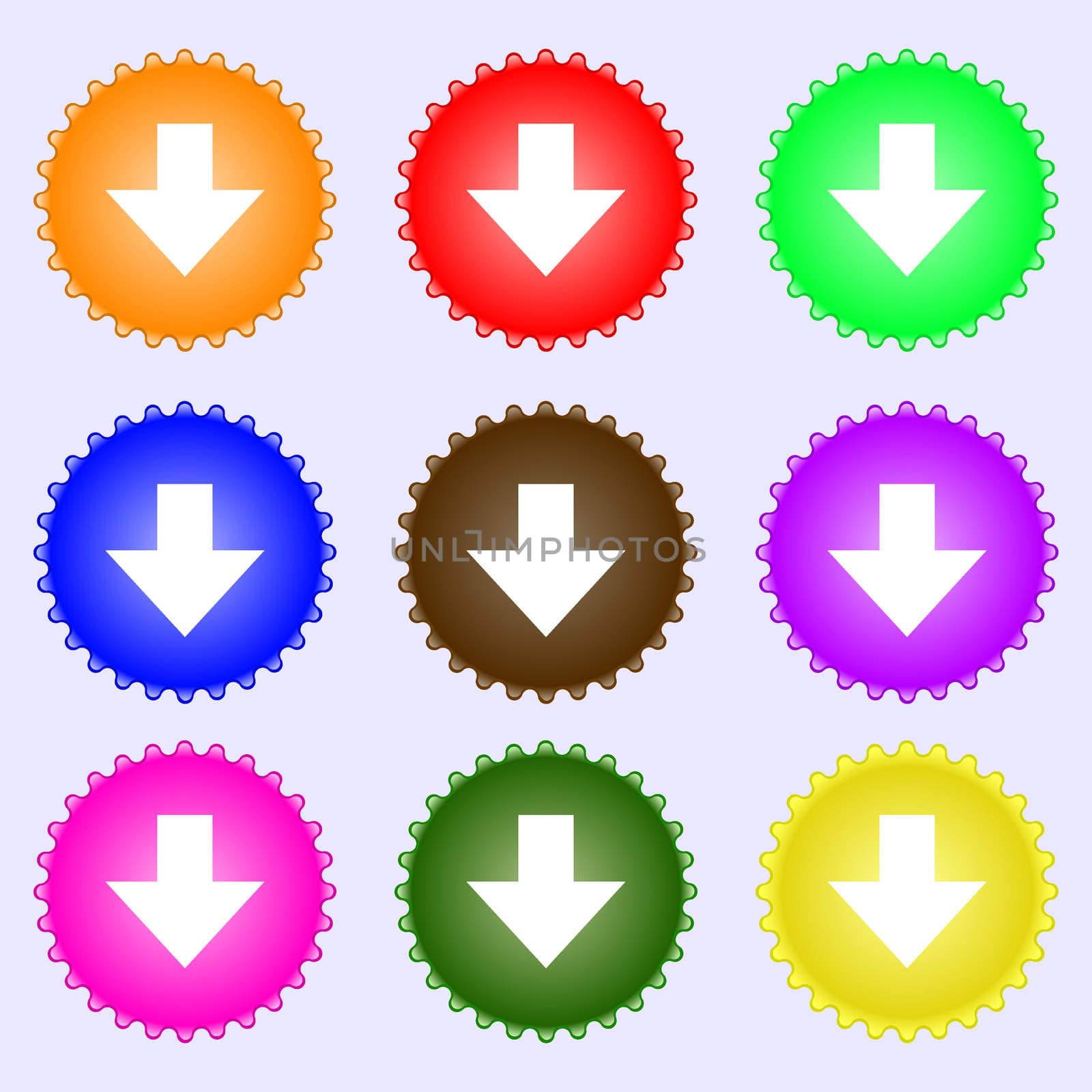 Download sign. Downloading flat icon. Load label. A set of nine different colored labels. illustration