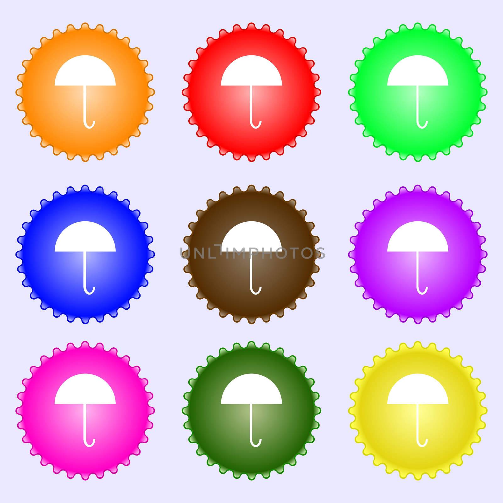 Umbrella sign icon. Rain protection symbol. A set of nine different colored labels. illustration