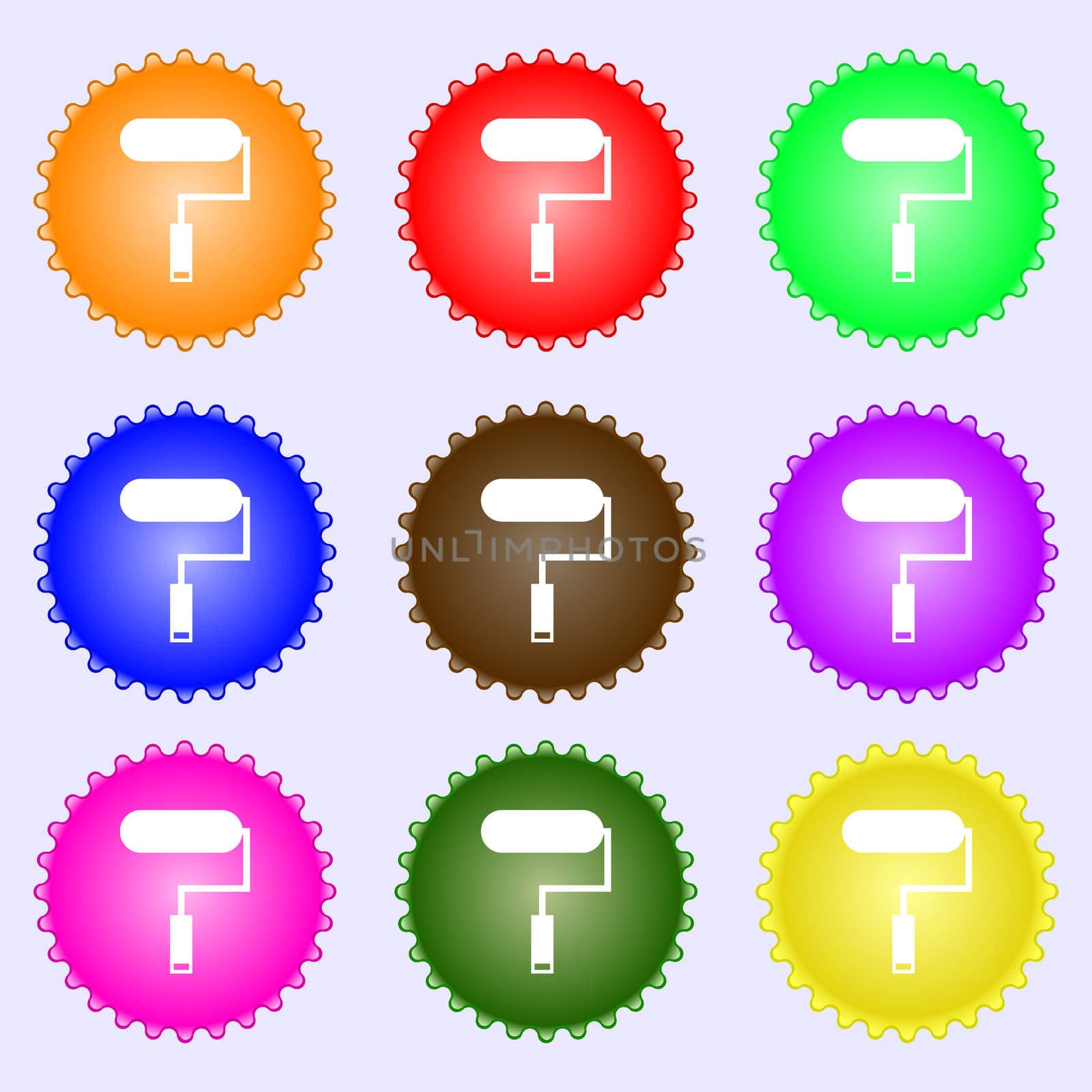 Paint roller sign icon. Painting tool symbol. A set of nine different colored labels.  by serhii_lohvyniuk