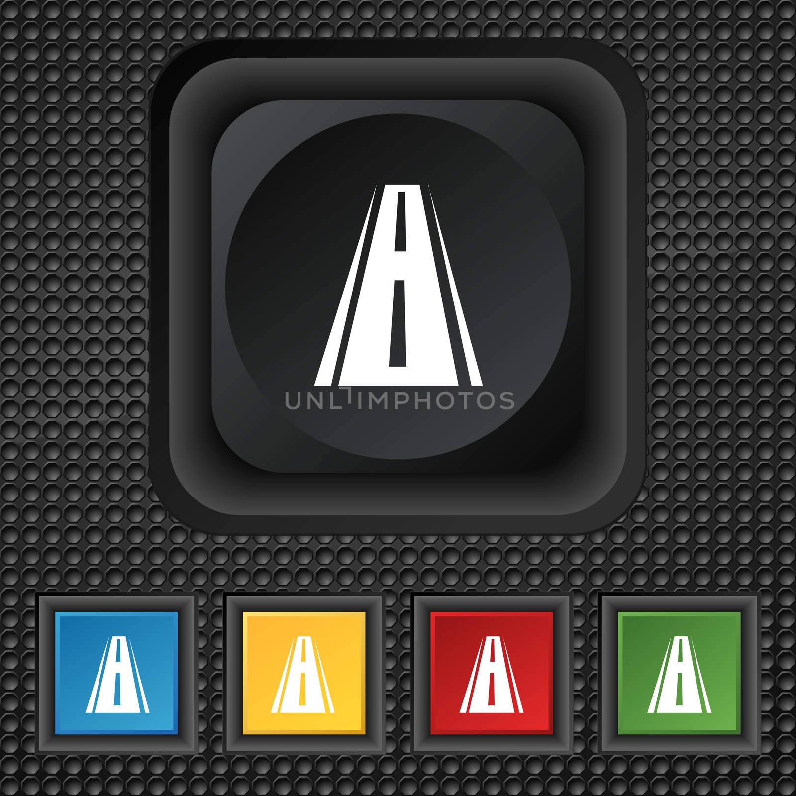 Road icon sign. symbol Squared colourful buttons on black texture. illustration