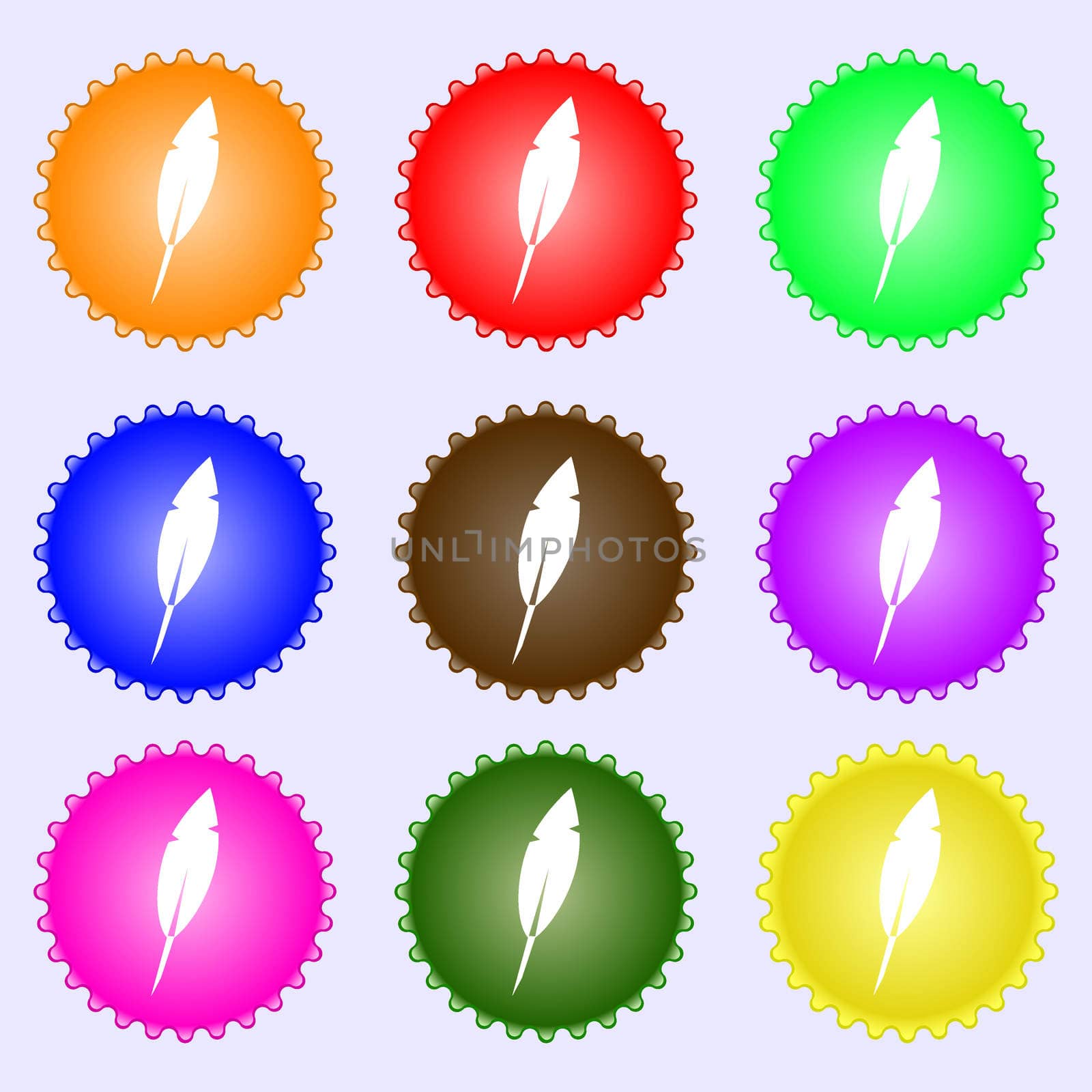 Feather sign icon. Retro pen symbo. A set of nine different colored labels.  by serhii_lohvyniuk