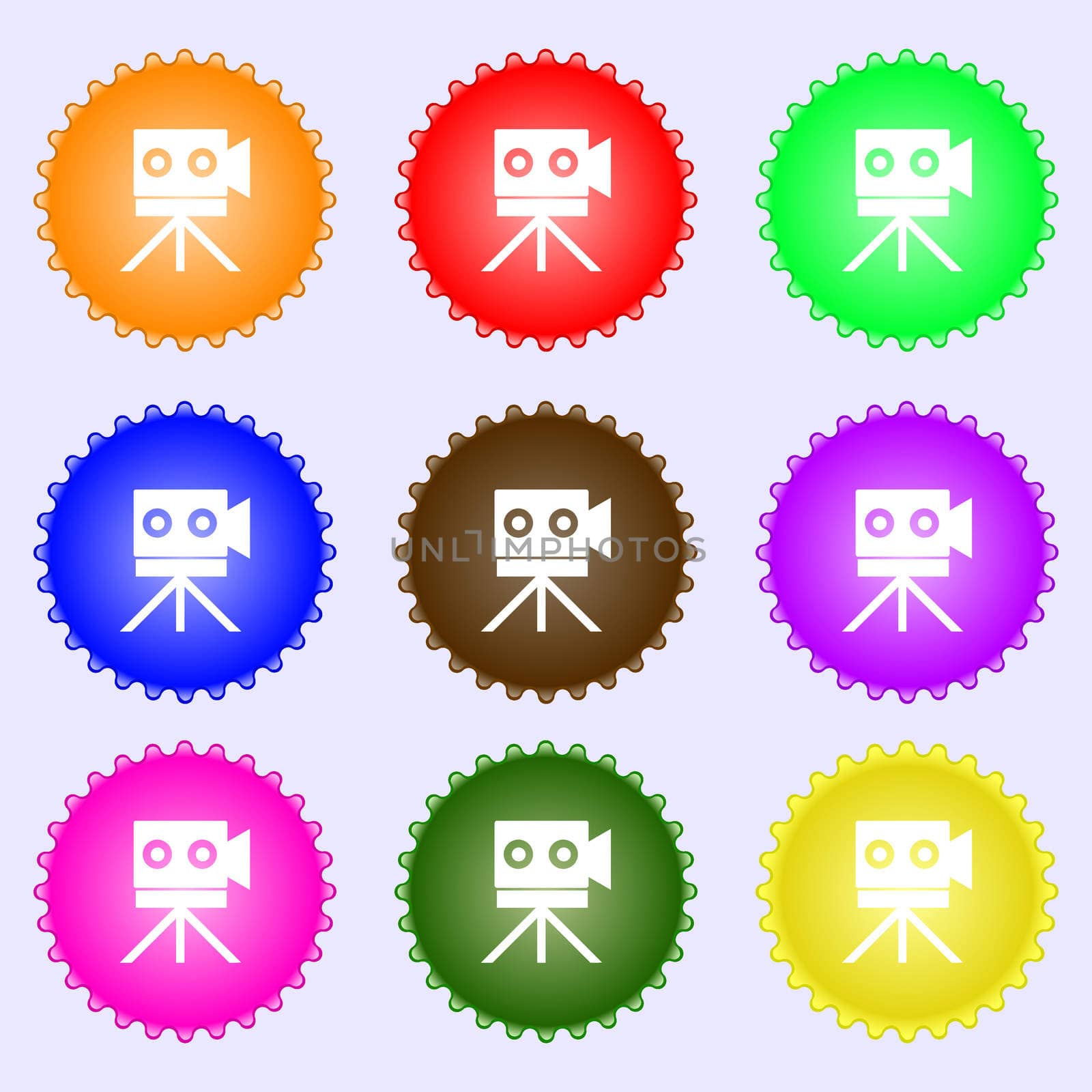 Video camera sign icon.content button. A set of nine different colored labels.  by serhii_lohvyniuk