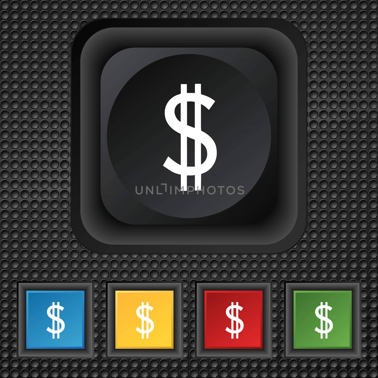 Dollars sign icon. USD currency symbol. Money label. Set of colored buttons.  by serhii_lohvyniuk