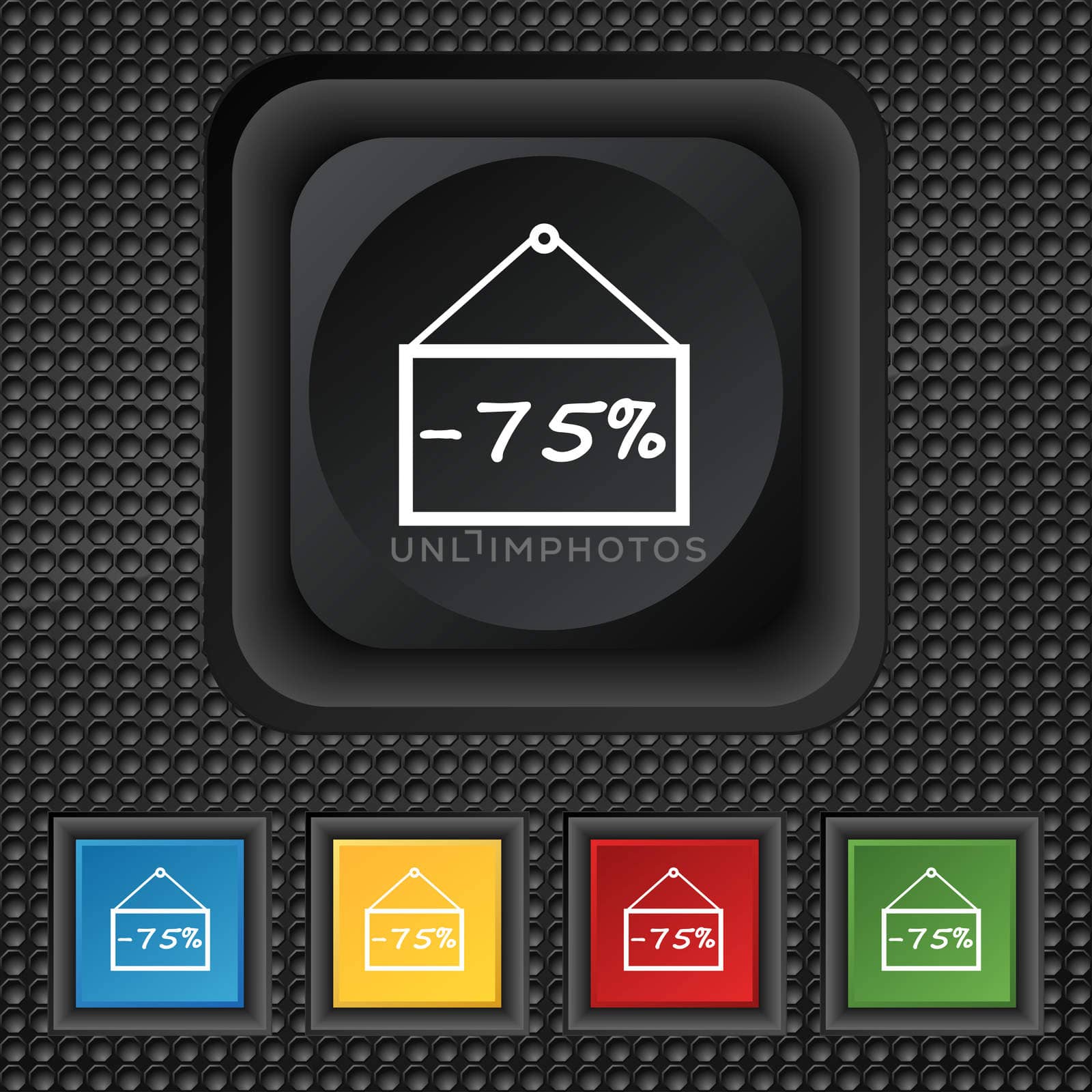 75 discount icon sign. symbol Squared colourful buttons on black texture.  by serhii_lohvyniuk