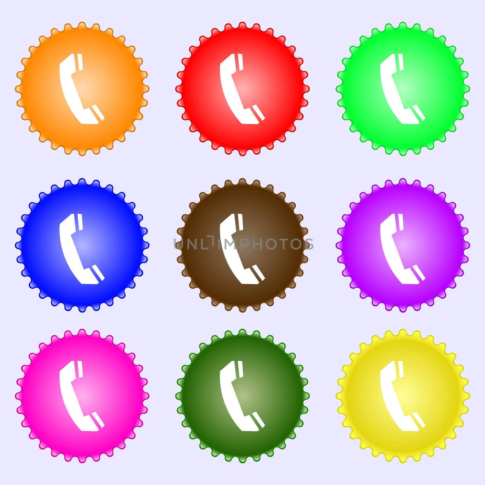 Phone sign icon. Support symbol. Call center. A set of nine different colored labels. illustration