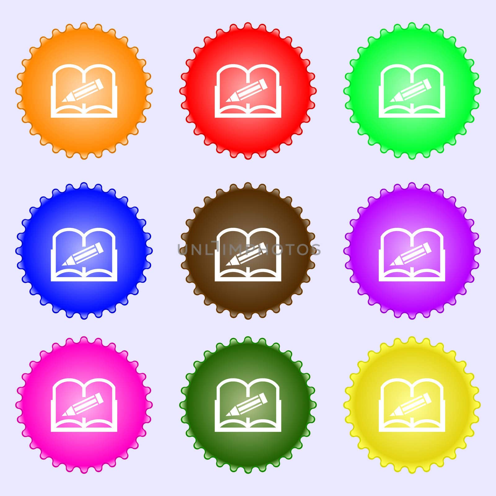 Book sign icon. Open book symbol. A set of nine different colored labels.  by serhii_lohvyniuk