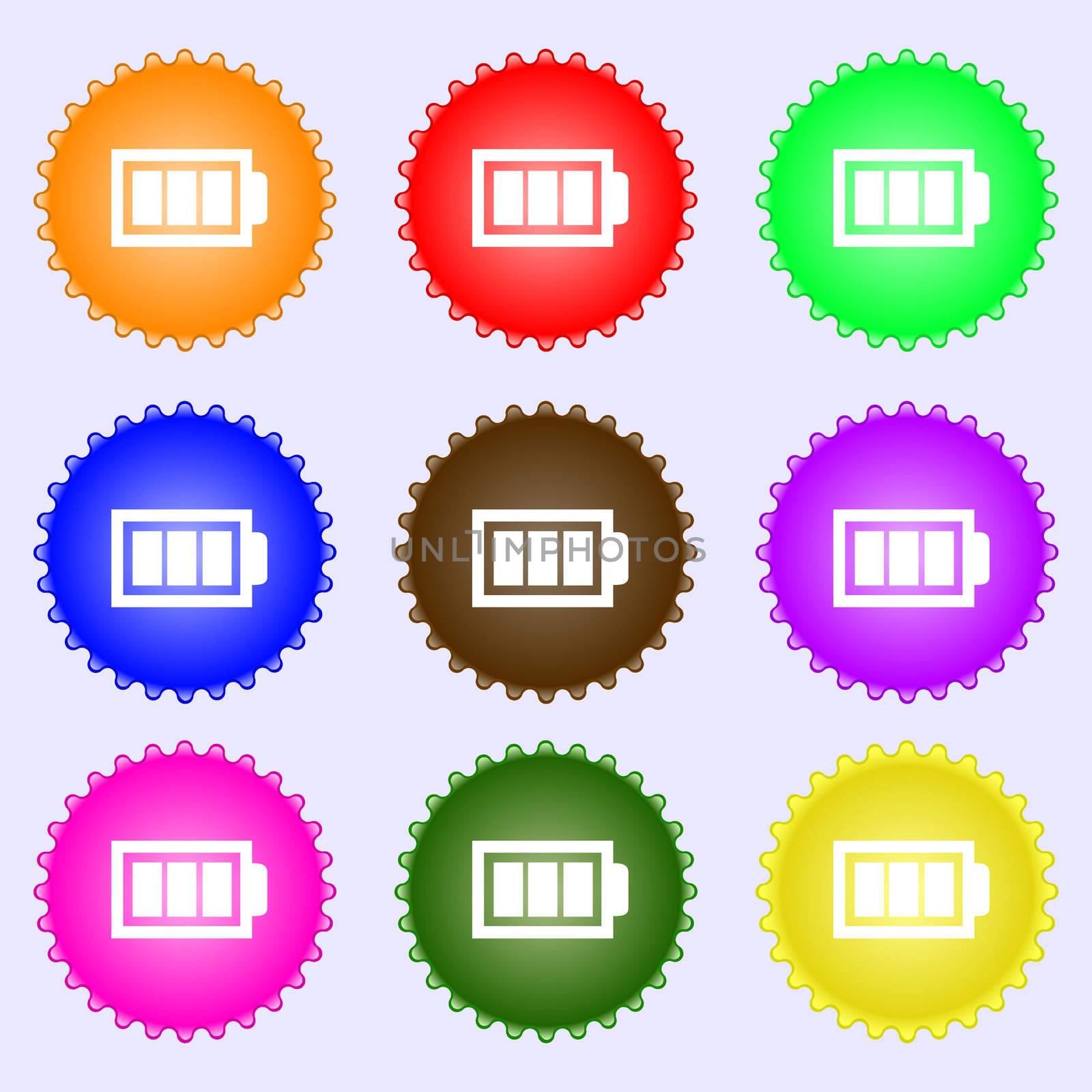 Battery fully charged sign icon. Electricity symbol. A set of nine different colored labels.  by serhii_lohvyniuk