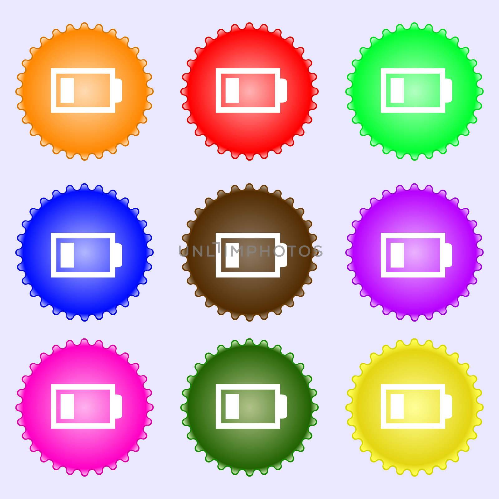 Battery low level sign icon. Electricity symbol. A set of nine different colored labels. illustration