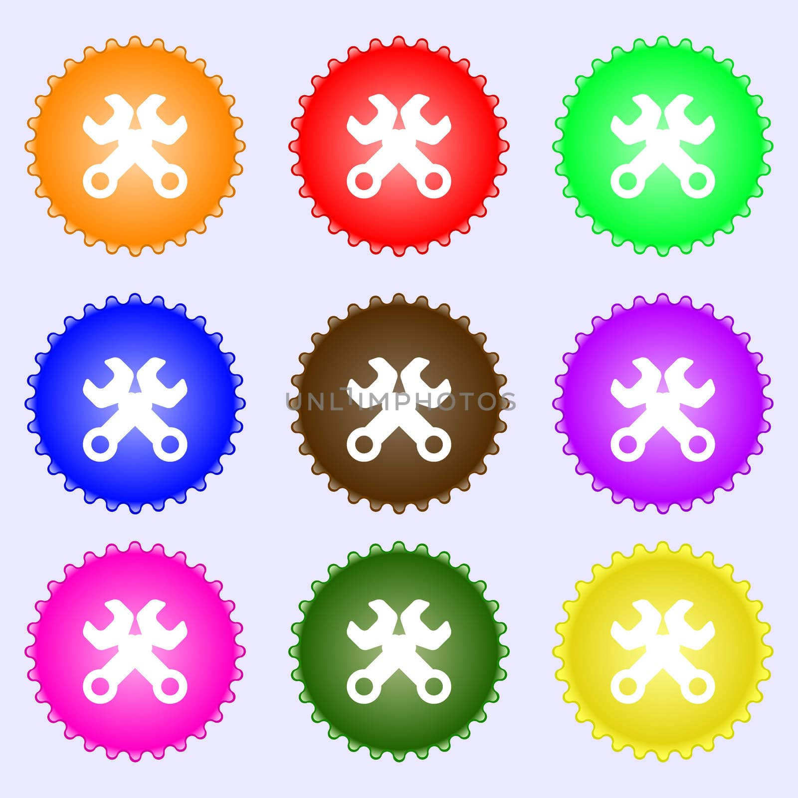 Wrench key sign icon. Service tool symbol. A set of nine different colored labels.  by serhii_lohvyniuk