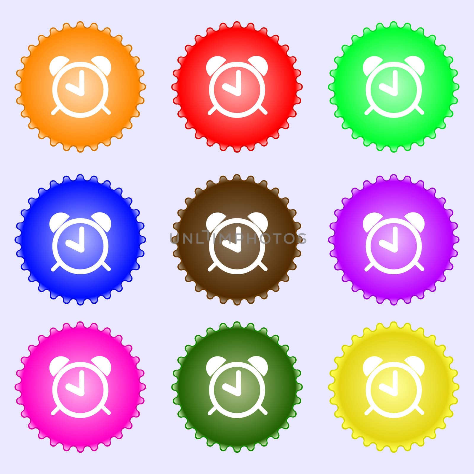 Alarm clock sign icon. Wake up alarm symbol. A set of nine different colored labels. illustration