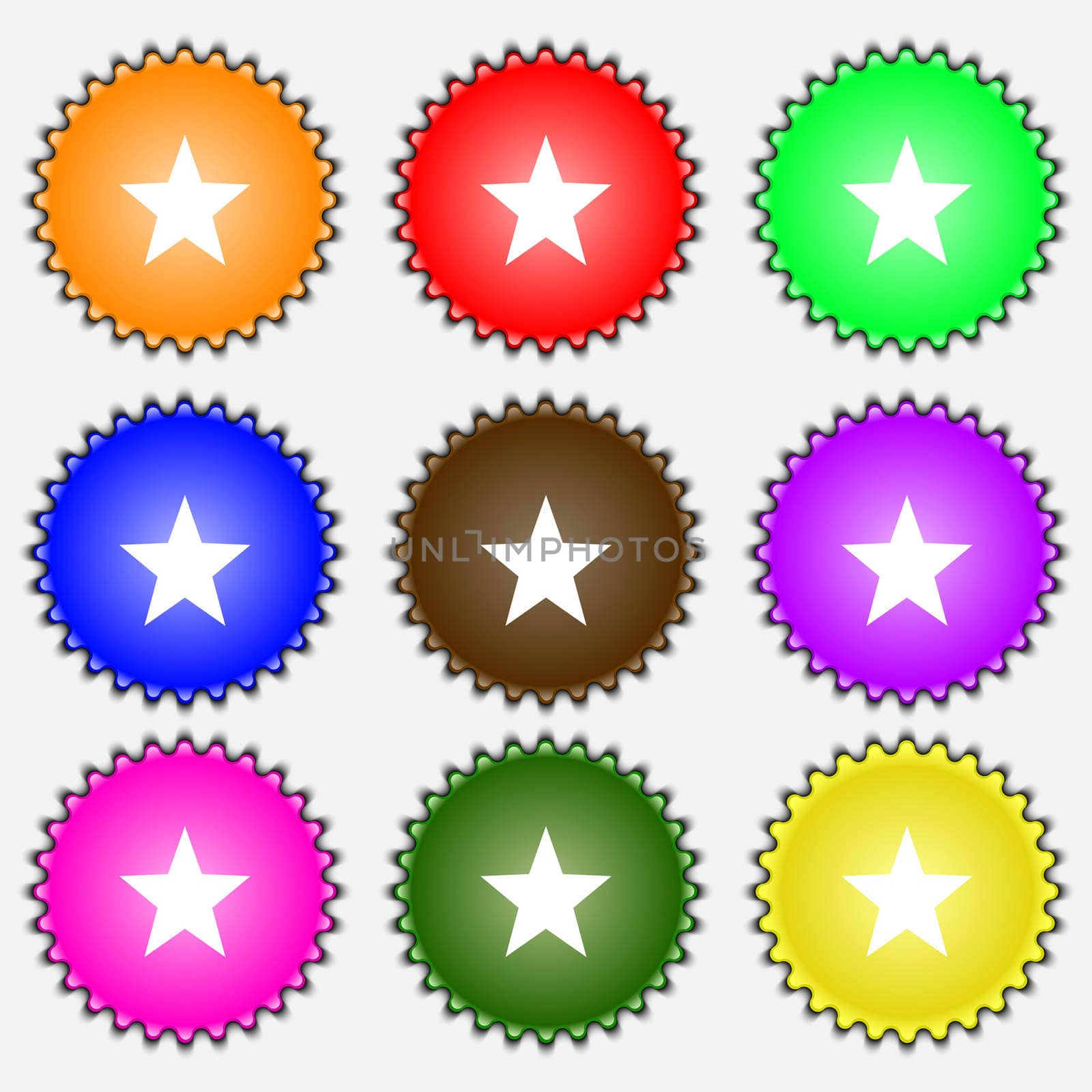 Star, Favorite icon sign. A set of nine different colored labels. illustration 