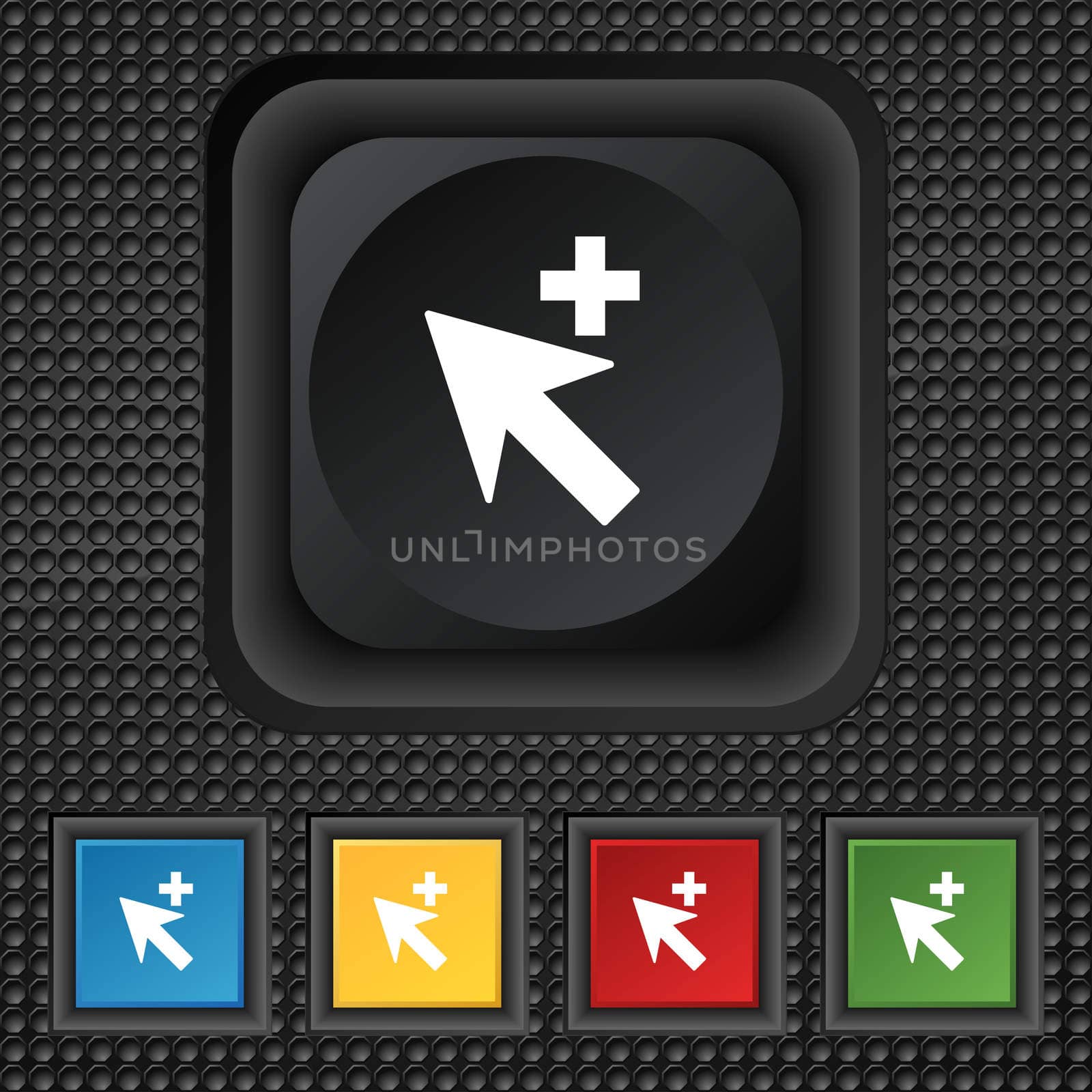 Cursor, arrow plus, add icon sign. symbol Squared colourful buttons on black texture.  by serhii_lohvyniuk