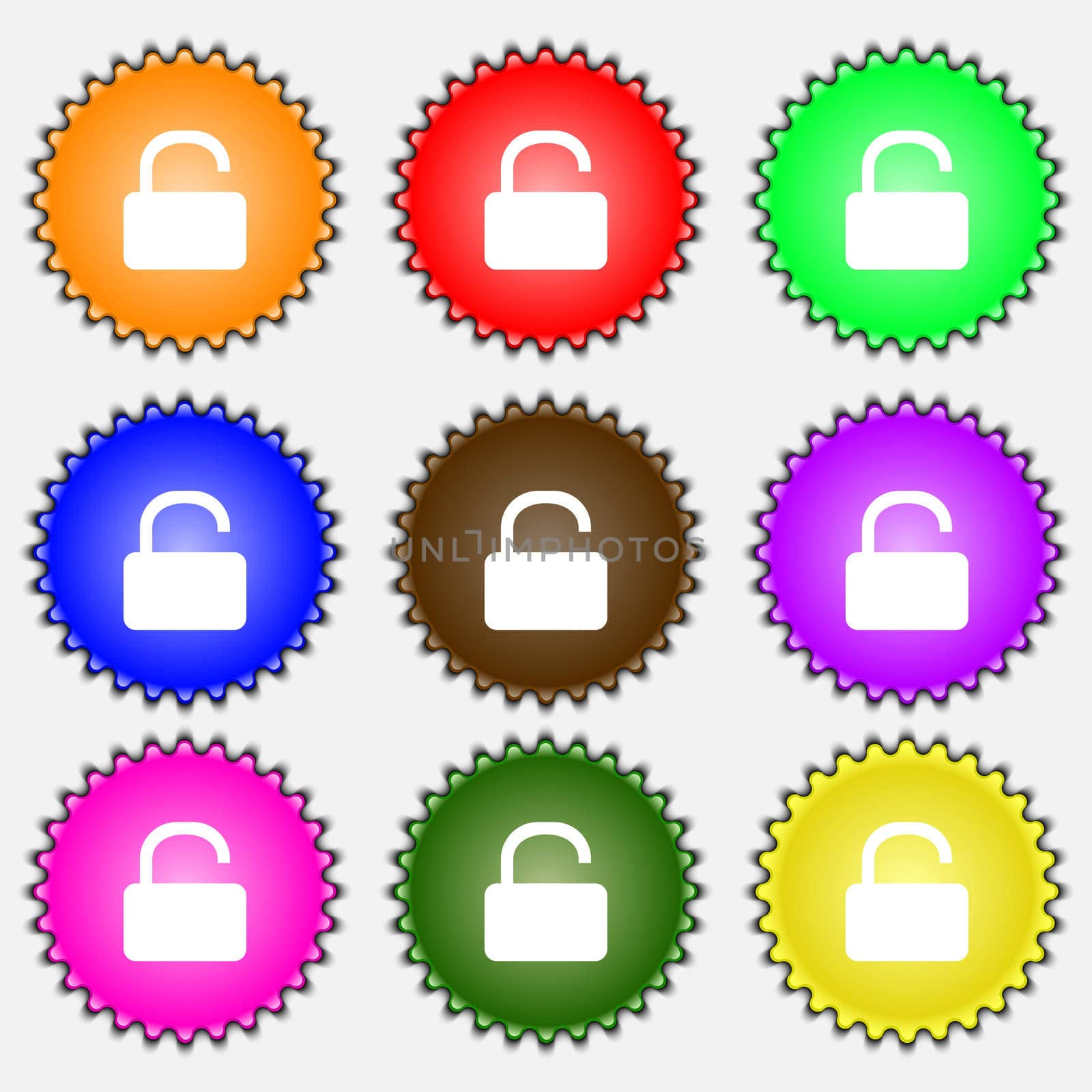 Open Padlock icon sign. A set of nine different colored labels. illustration 