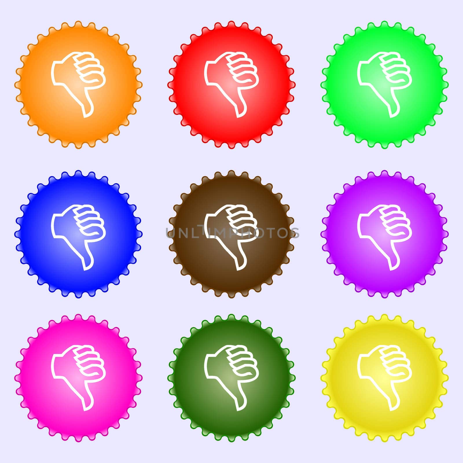 Dislike sign icon. Thumb down sign. Hand finger down symbol. A set of nine different colored labels. illustration