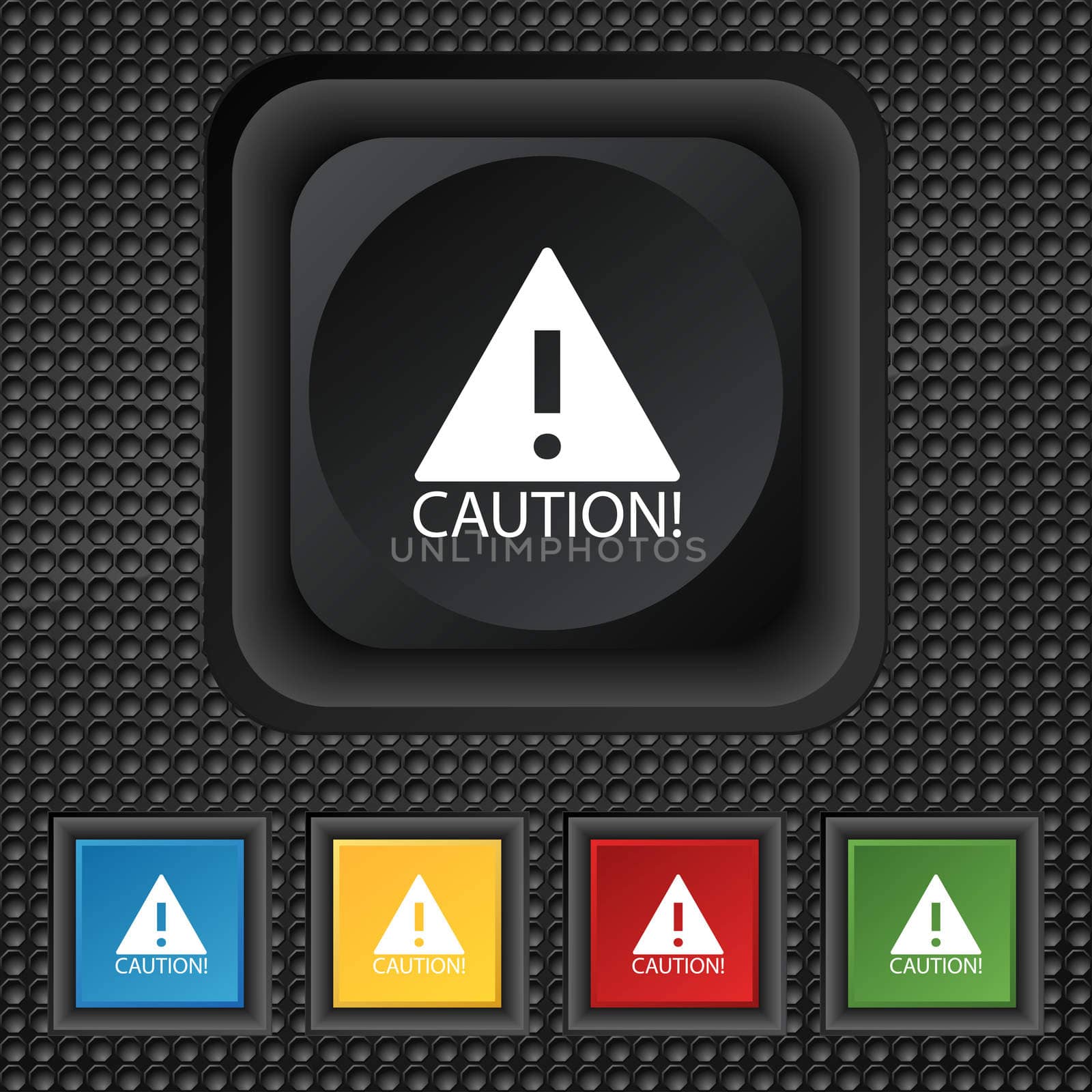 Attention caution sign icon. Exclamation mark. Hazard warning symbol. Set of colored buttons  by serhii_lohvyniuk