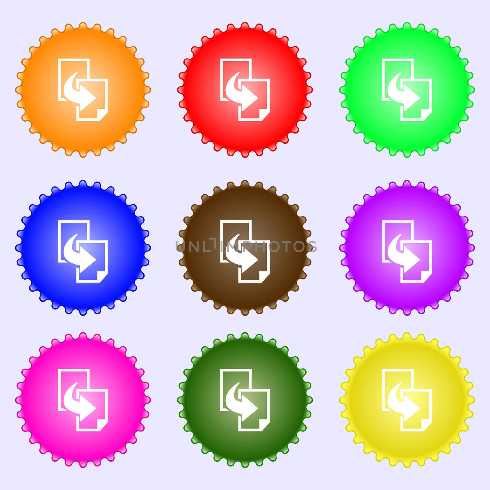 Copy file sign icon. Duplicate document symbol. A set of nine different colored labels.  by serhii_lohvyniuk