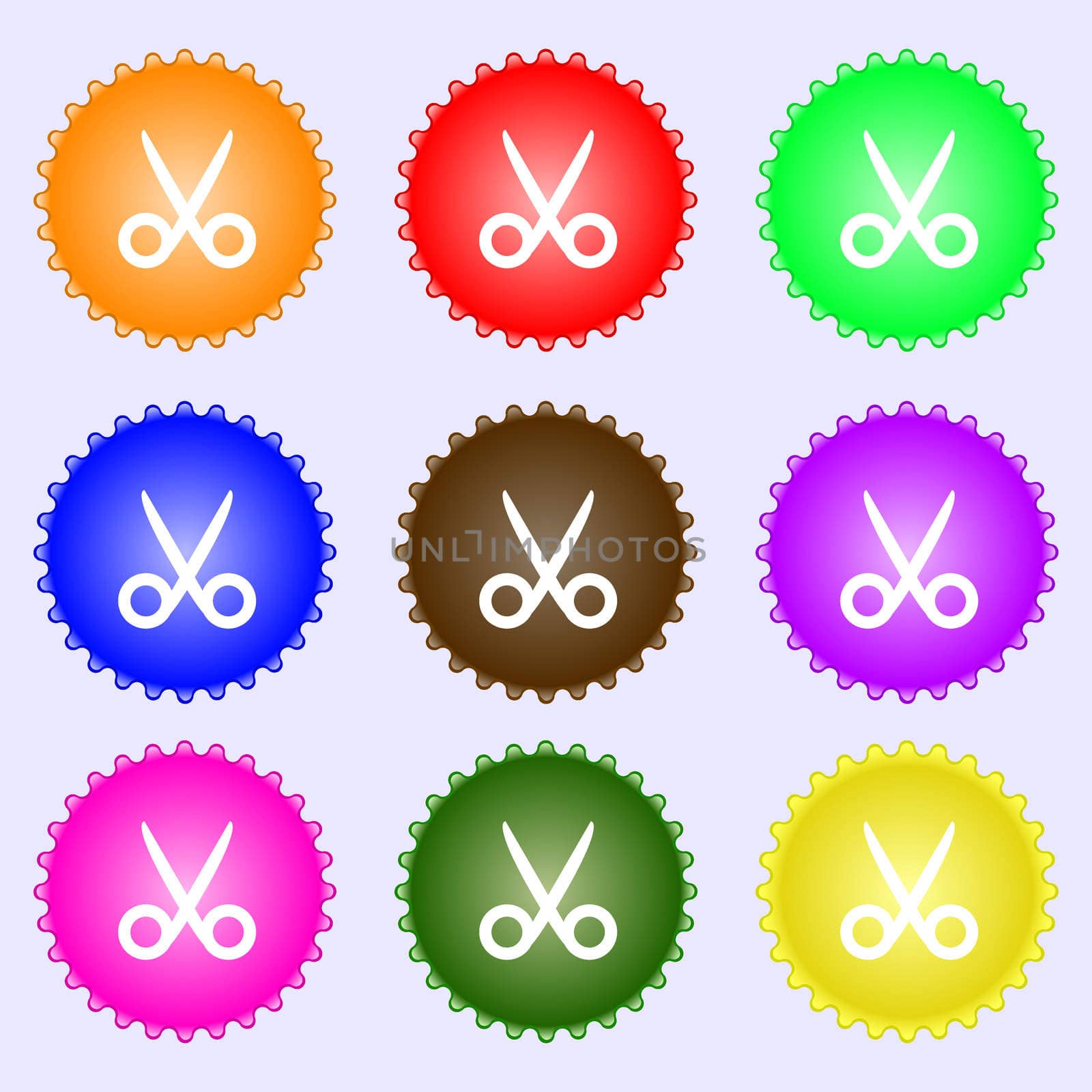 Scissors hairdresser sign icon. Tailor symbol. A set of nine different colored labels.  by serhii_lohvyniuk