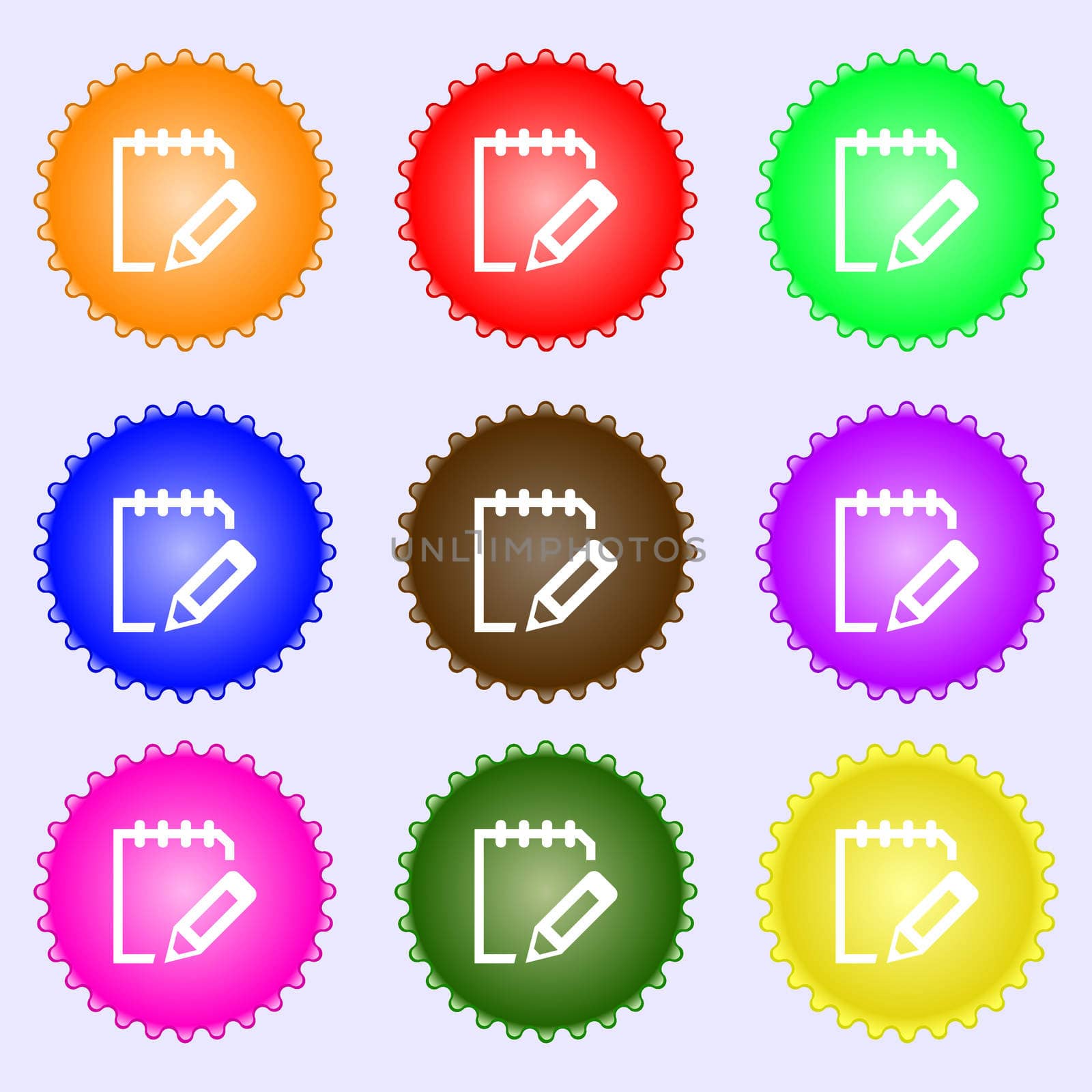 Edit document sign icon. A set of nine different colored labels.  by serhii_lohvyniuk