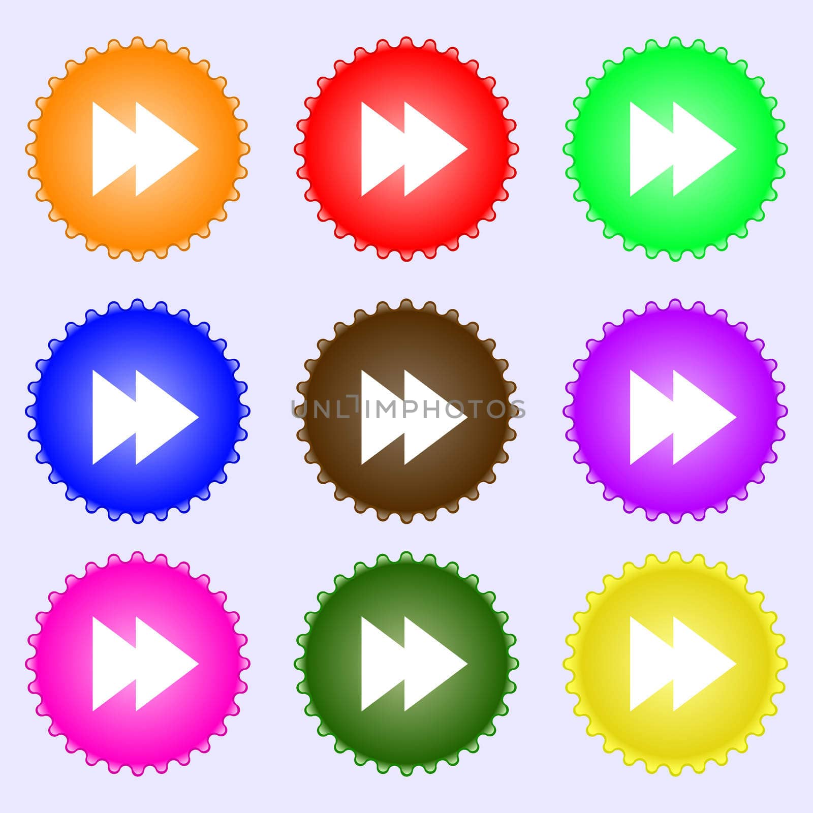multimedia sign icon. Player navigation symbol. A set of nine different colored labels.  by serhii_lohvyniuk