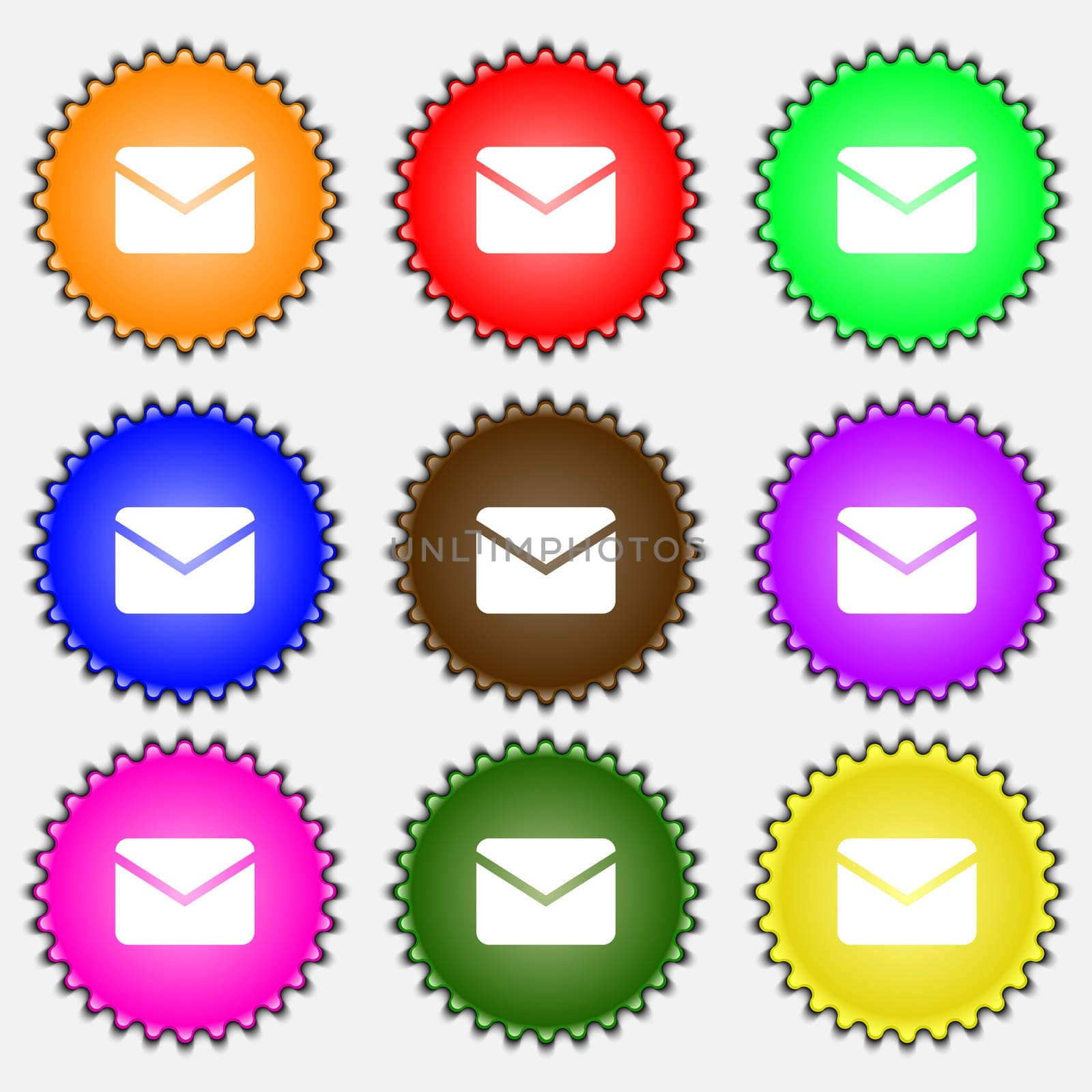 Mail, Envelope, Message icon sign. A set of nine different colored labels. illustration 