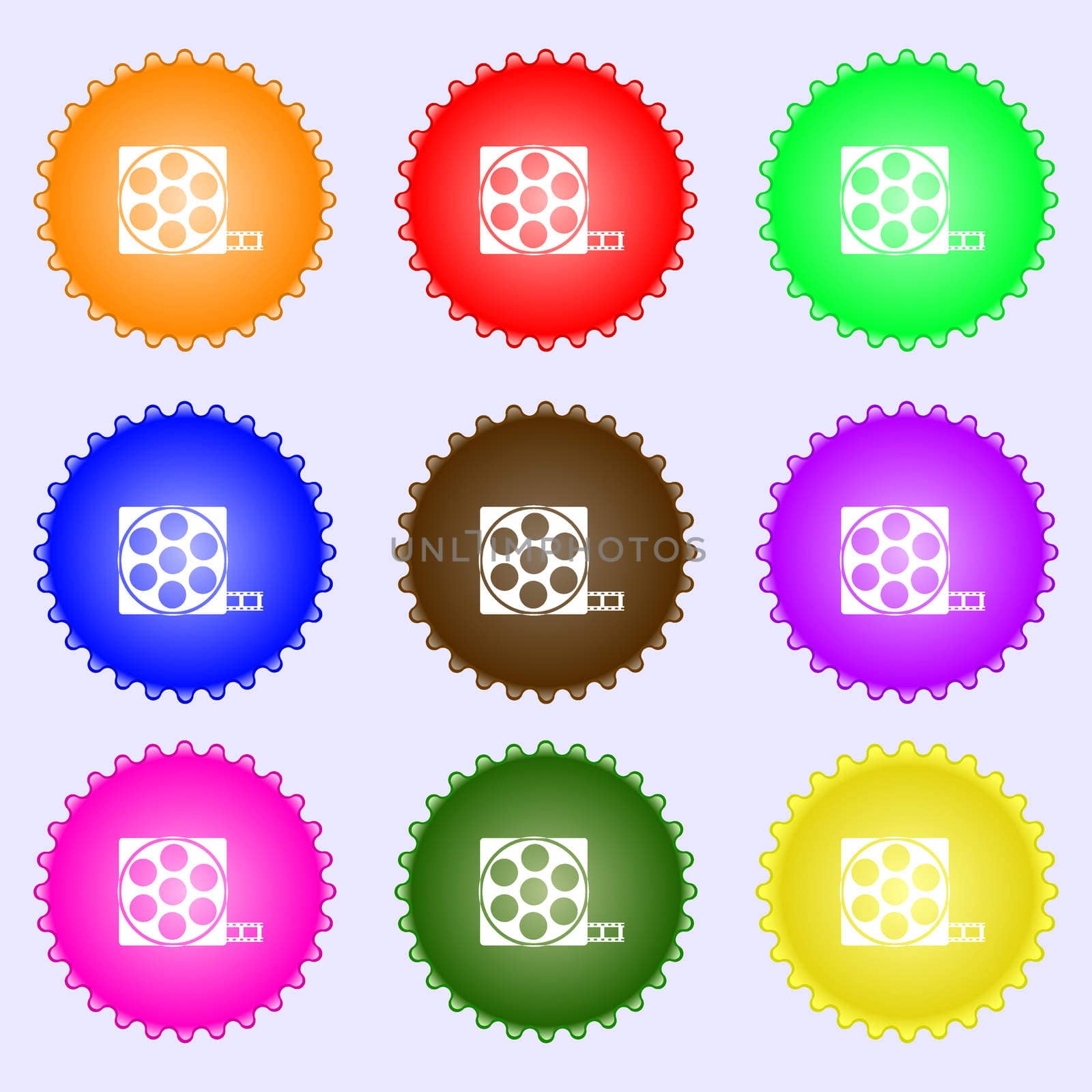 Video sign icon. frame symbol. A set of nine different colored labels.  by serhii_lohvyniuk