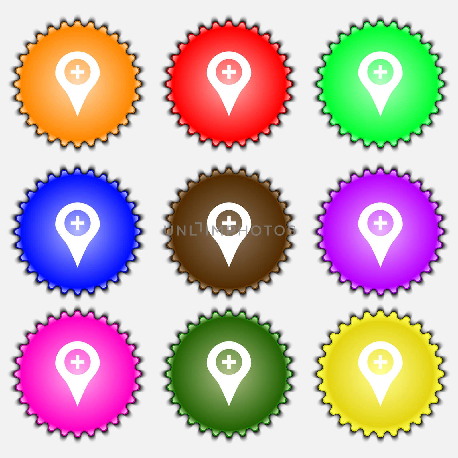 Plus Map pointer, GPS location icon sign. A set of nine different colored labels. illustration 