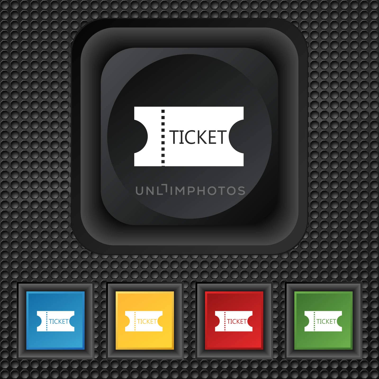 ticket icon sign. symbol Squared colourful buttons on black texture.  by serhii_lohvyniuk