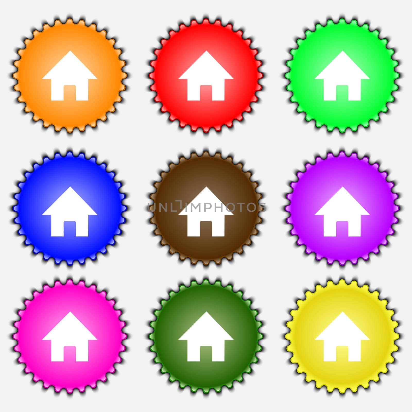 Home, Main page icon sign. A set of nine different colored labels. illustration 