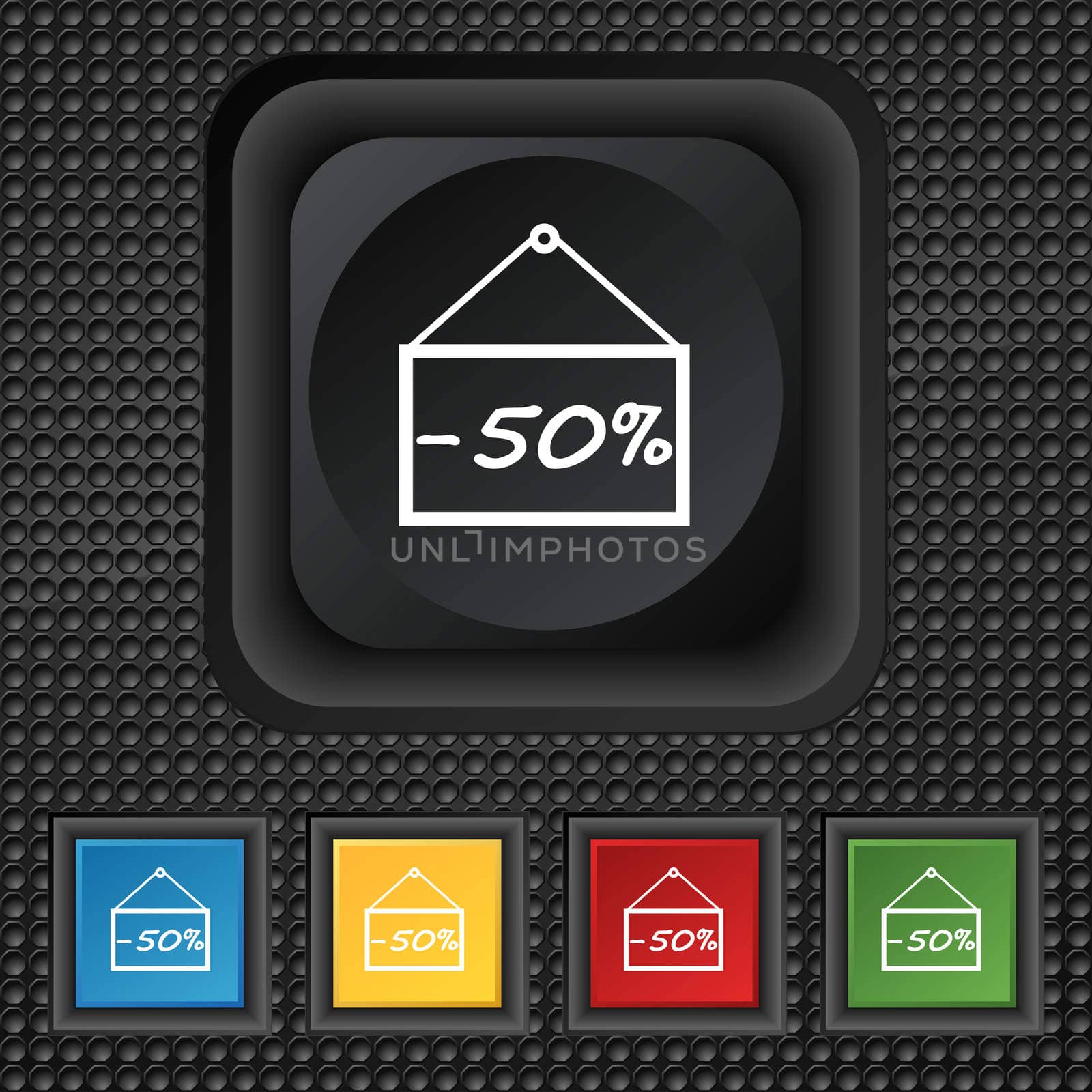 50 discount icon sign. symbol Squared colourful buttons on black texture.  by serhii_lohvyniuk