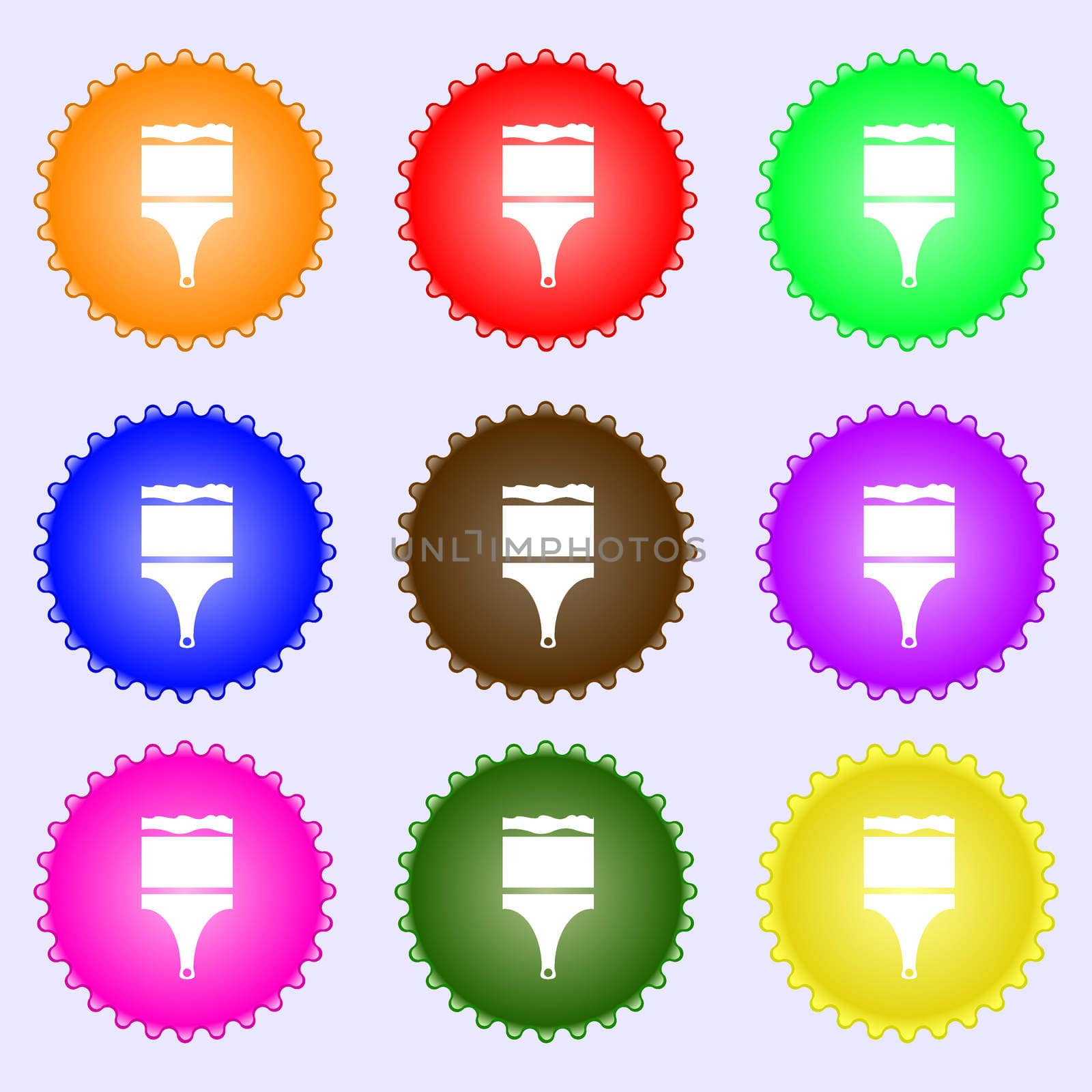 Paint brush sign icon. Artist symbol. A set of nine different colored labels. illustration