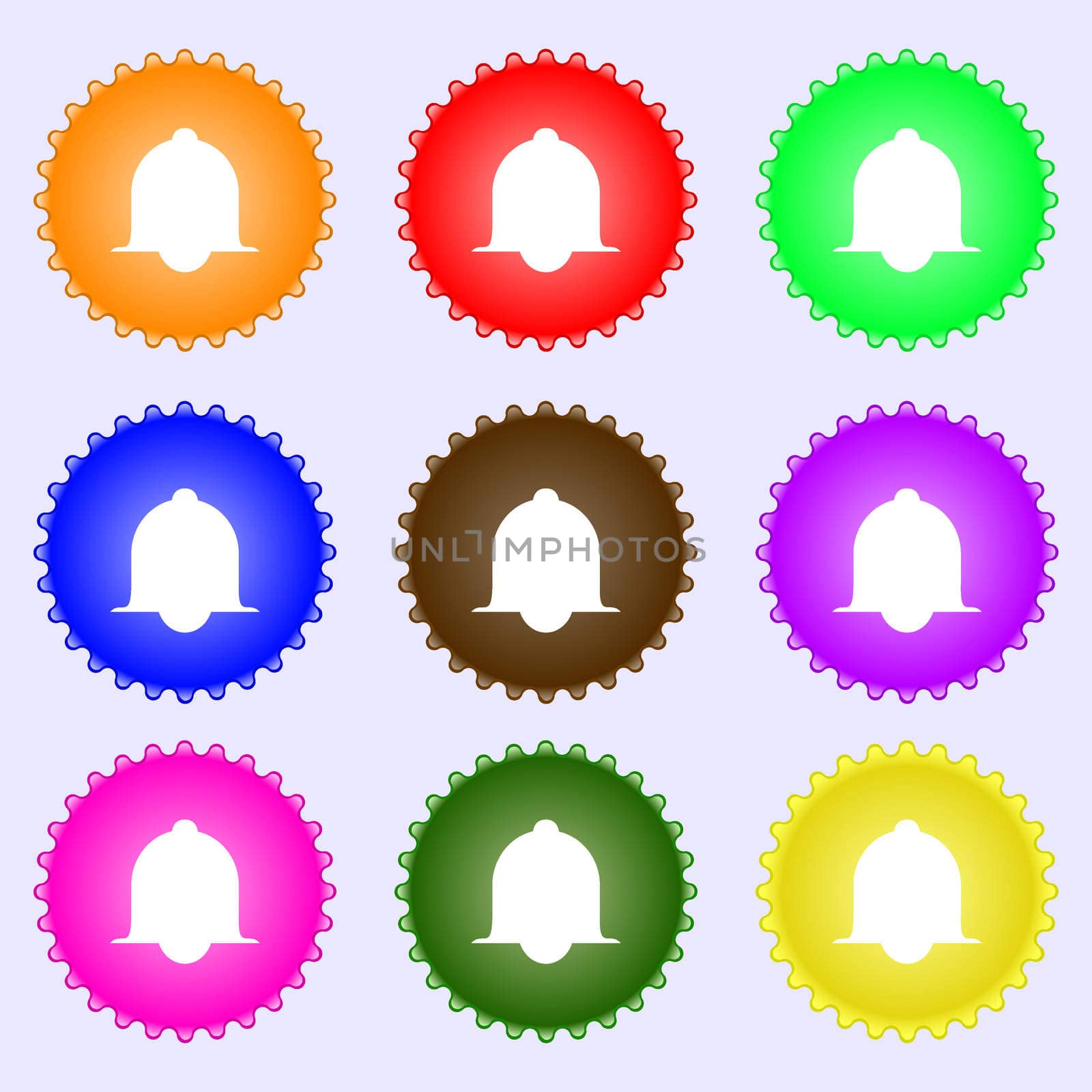 Alarm bell sign icon. Wake up alarm symbol. Speech bubbles information icons.. A set of nine different colored labels. illustration