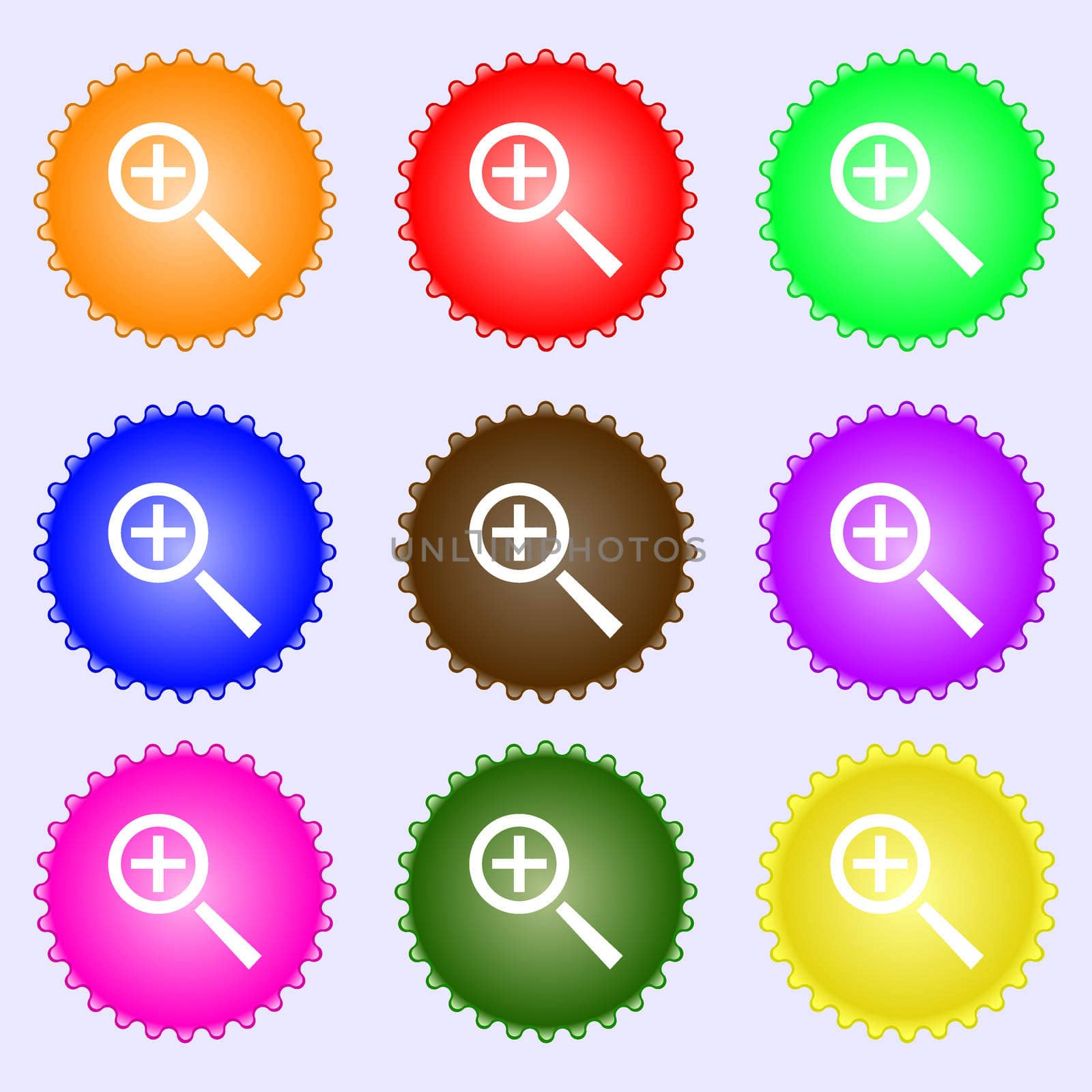 Magnifier glass, Zoom tool icon sign. A set of nine different colored labels.  by serhii_lohvyniuk