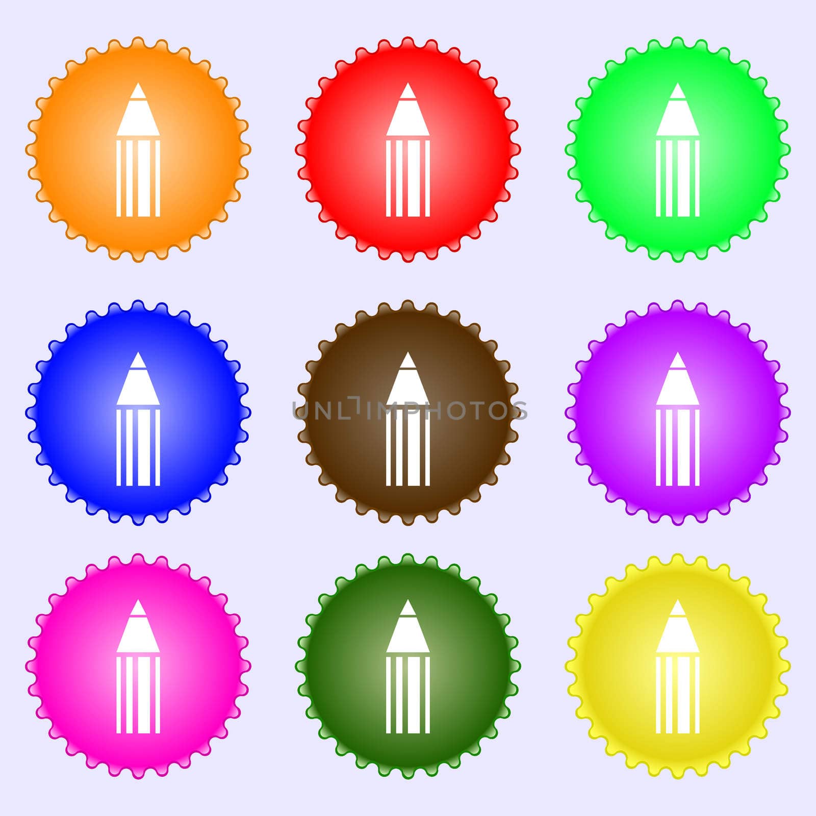 Pencil sign icon. Edit content button. A set of nine different colored labels. illustration