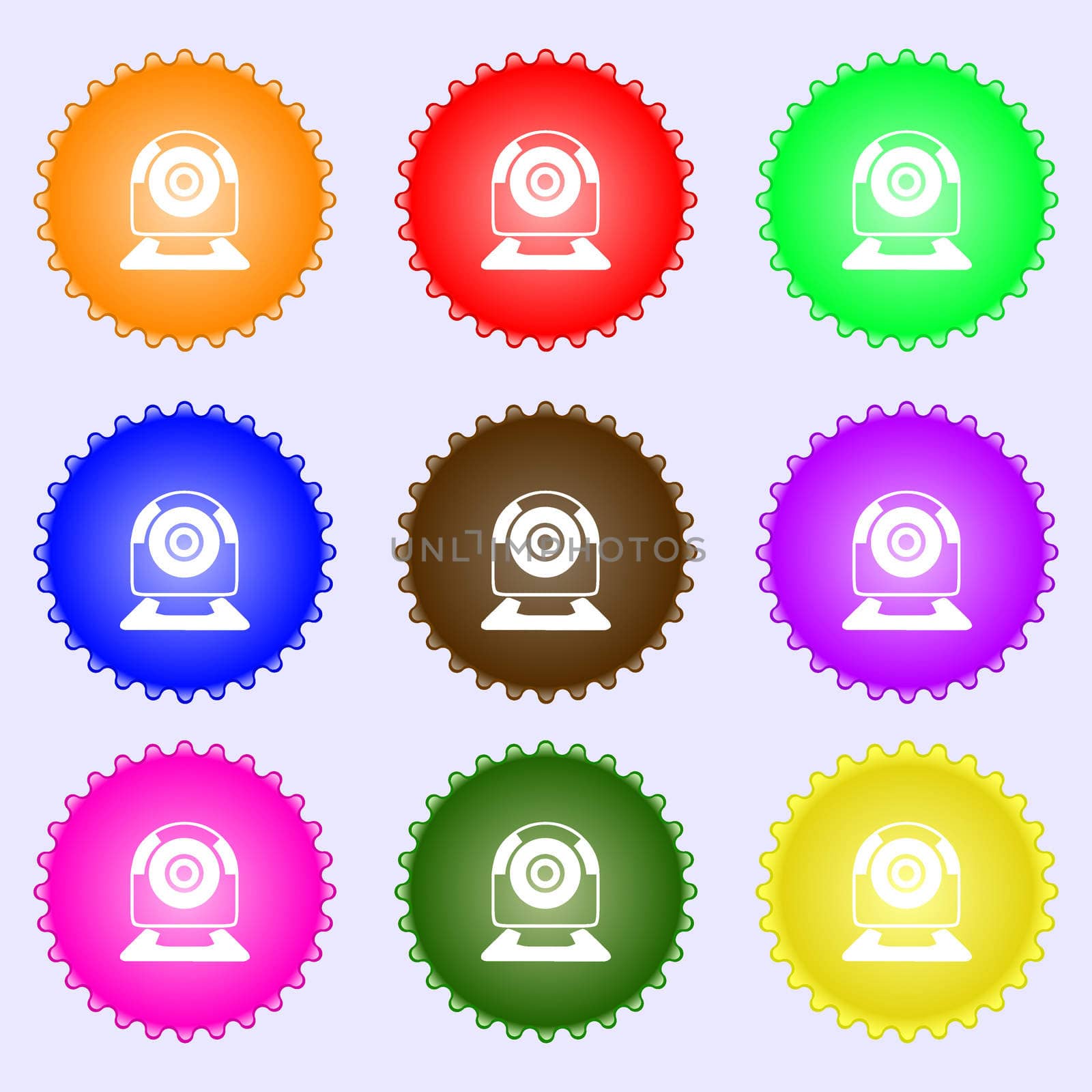 Webcam sign icon. Web video chat symbol. Camera chat. A set of nine different colored labels.  by serhii_lohvyniuk