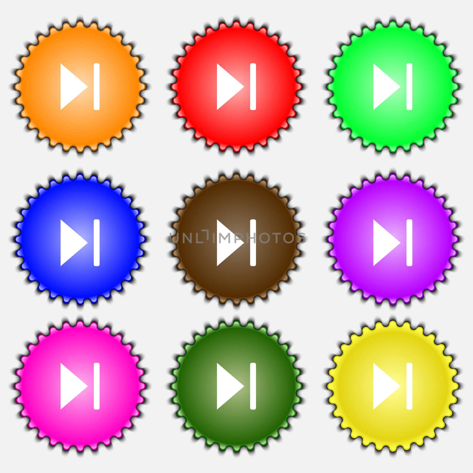 next track icon sign. A set of nine different colored labels.  by serhii_lohvyniuk