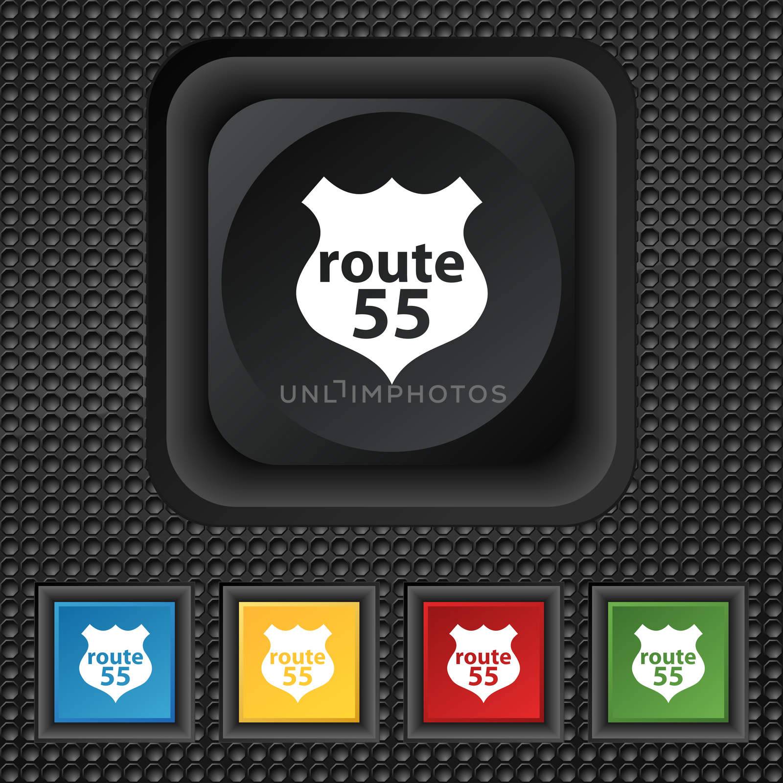 Route 55 highway icon sign. symbol Squared colourful buttons on black texture.  by serhii_lohvyniuk