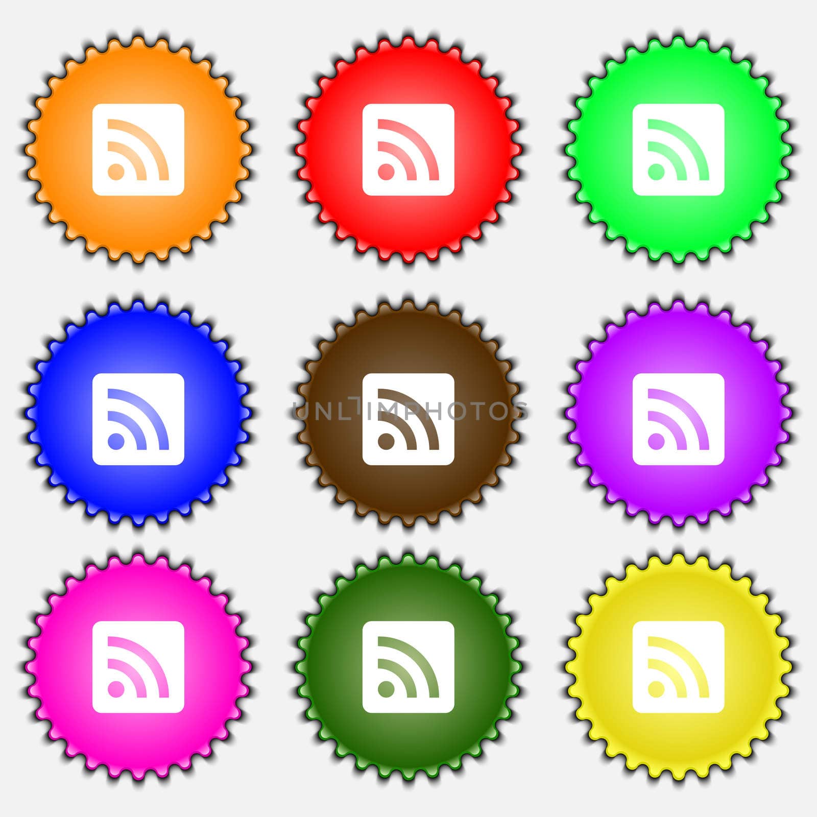 RSS feed icon sign. A set of nine different colored labels.  by serhii_lohvyniuk