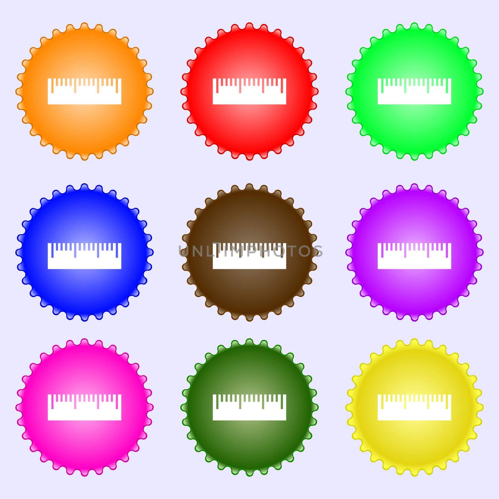 Ruler sign icon. School tool symbol. A set of nine different colored labels. illustration