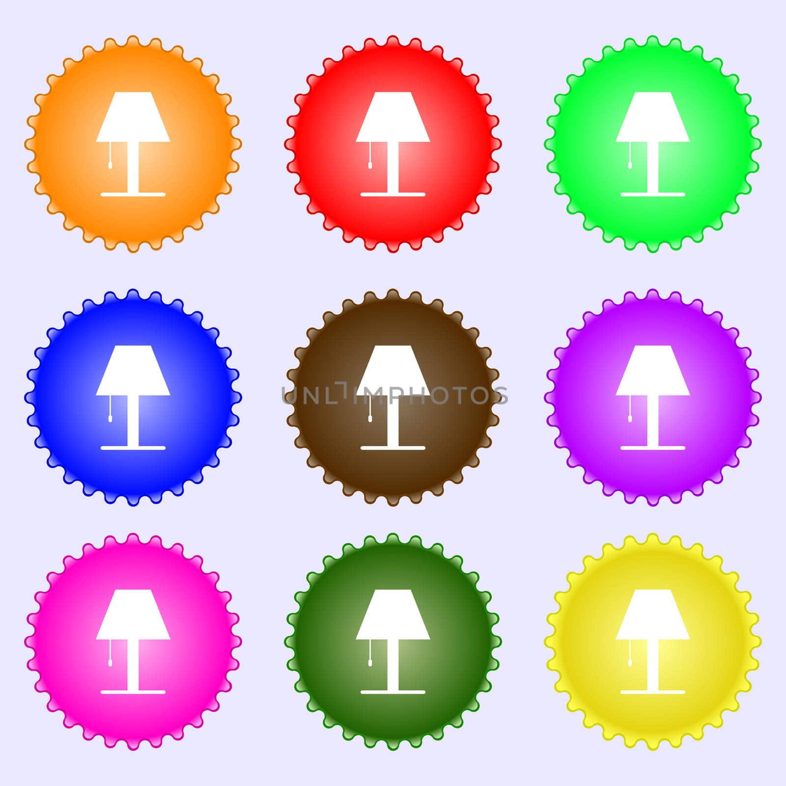 Lamp icon sign. A set of nine different colored labels.  by serhii_lohvyniuk